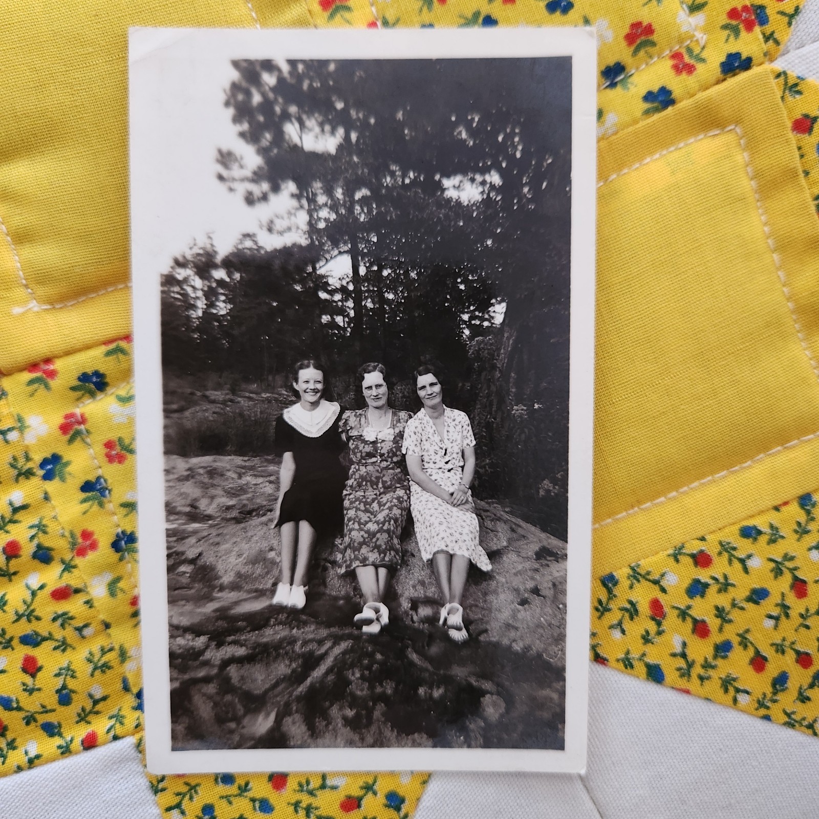 VTG B&W Snapshot Photo 1940s Women Sitting On Rock Mother Daughters