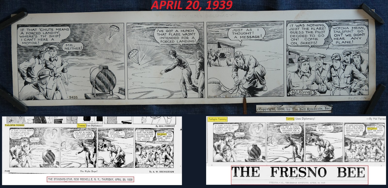 Vtg WWII 4/20 1939 Original Hal Forrest Tailspin Tommy Comic Art Daily Newspaper Vtg WWII 4/20 1939 Original Hal Forrest Tailspin Tommy Comic Art Daily Newspaper