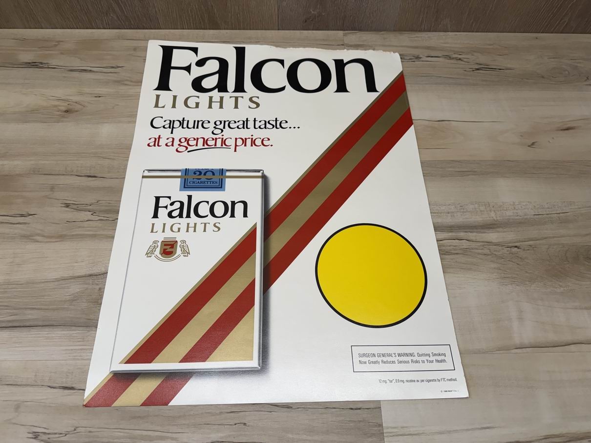 VTG 1986 Falcon Lights Cigarette Store Advertising Poster B&W T Corp. VTG 1986 Falcon Lights Cigarette Store Advertising Poster B&W T Corp.