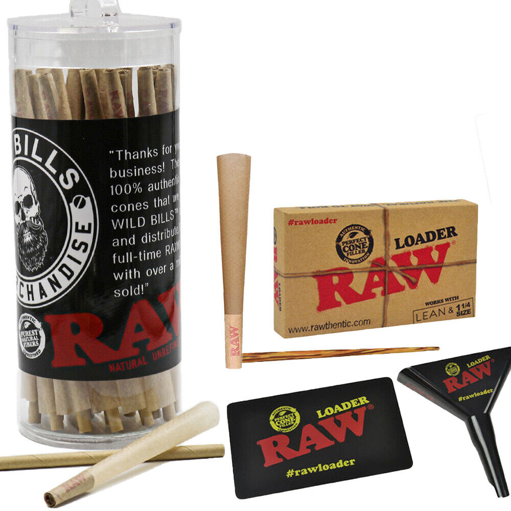 RAW 50 Pack Classic 1 1/4 Size Pre-Rolled Cones +Tips With Raw Cone Loader