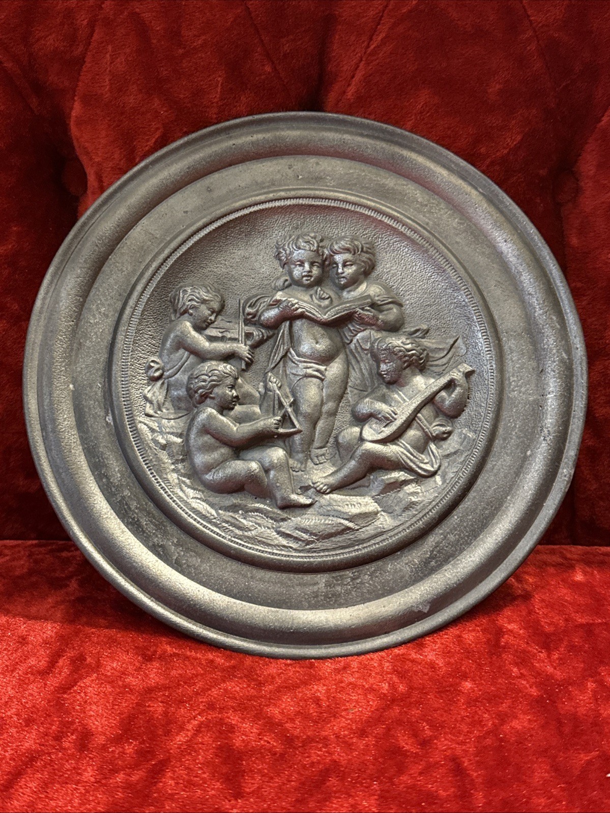 Antique Round Italian Carved relief of 4 putti playing music instruments Plaque Antique Round Italian Carved relief of 4 putti playing music instruments Plaque