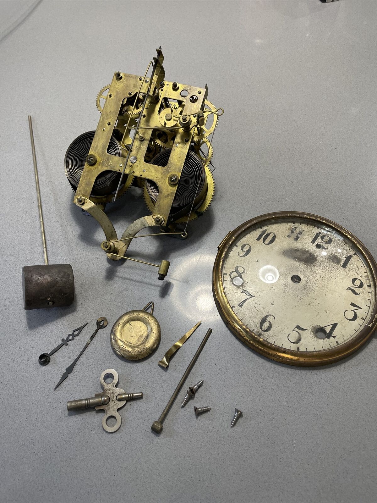 Vintage Wm L Gilbert Clock Co Parts Pendulum Key Face Brass Gears Pat April 1896