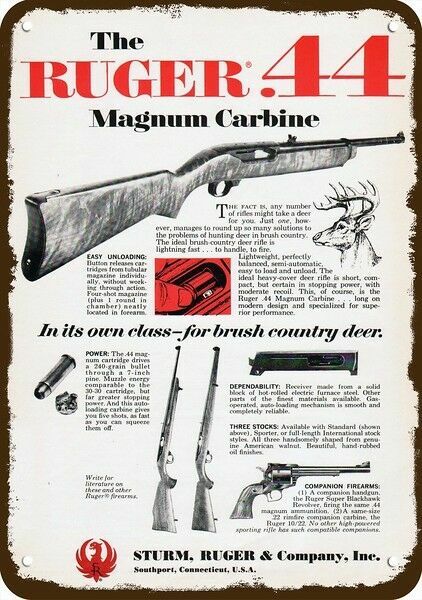1966 RUGER .44 MAGNUM CARBINE RIFLE GUN Vintg-Look DECORATIVE REPLICA METAL SIGN 1966 RUGER .44 MAGNUM CARBINE RIFLE GUN Vintg-Look DECORATIVE REPLICA METAL SIGN