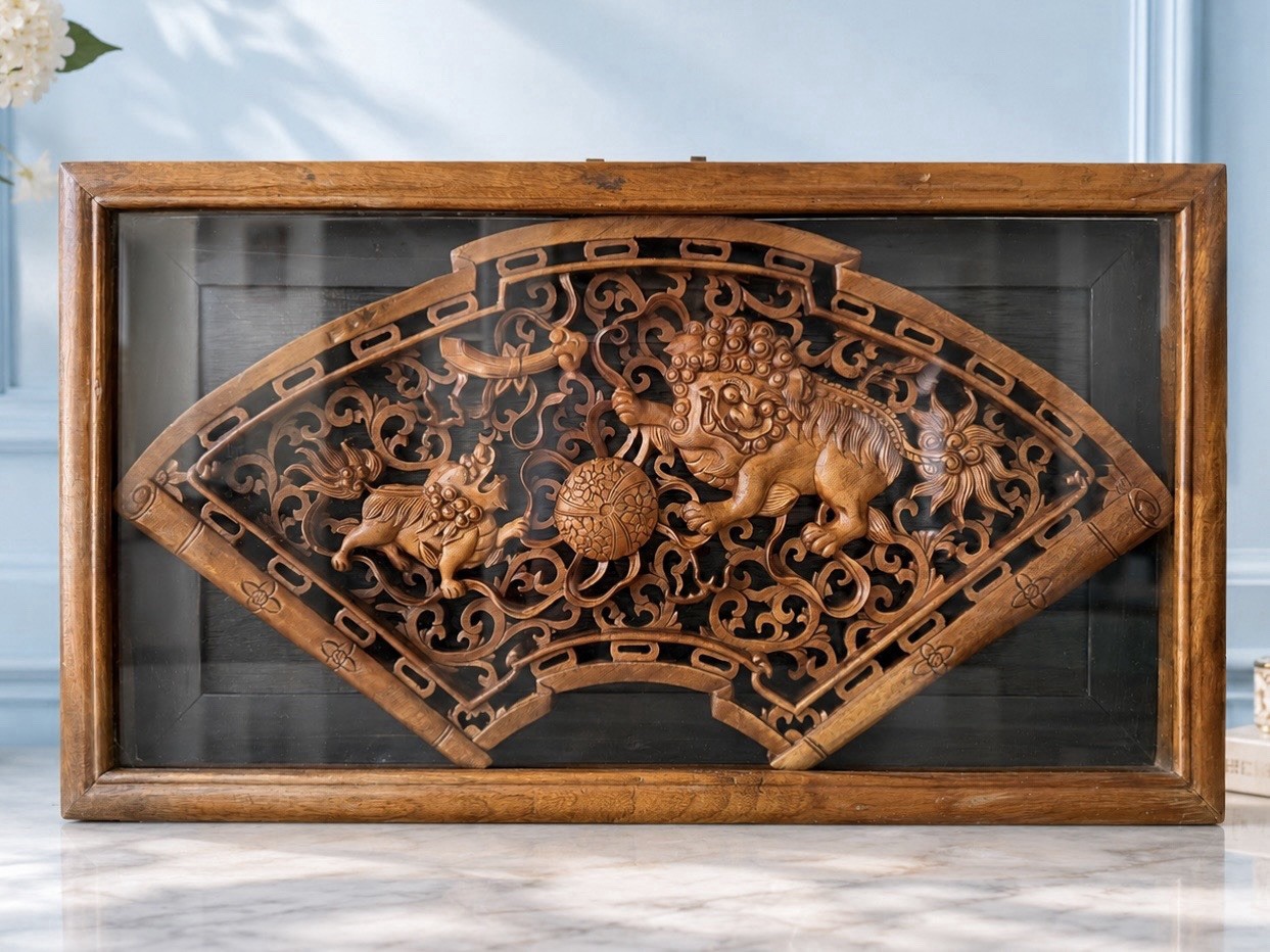 Vintage Chinese Hand-Carved Wood Foo Dogs Wall Art – Framed Shadow Box