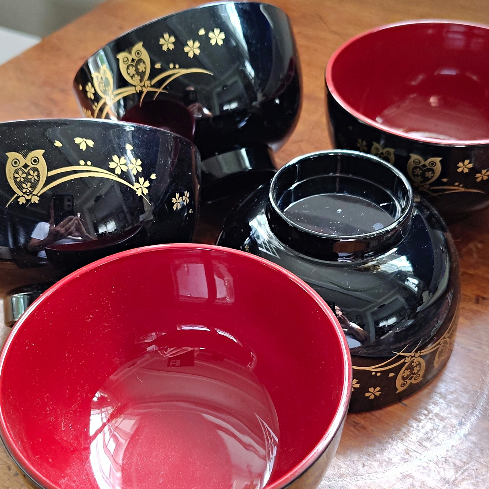 Japanese Lacquerware Bowl Set of 5 Black Red Gold Owl Cherry Blossom Floral Japanese Lacquerware Bowl Set of 5 Black Red Gold Owl Cherry Blossom Floral
