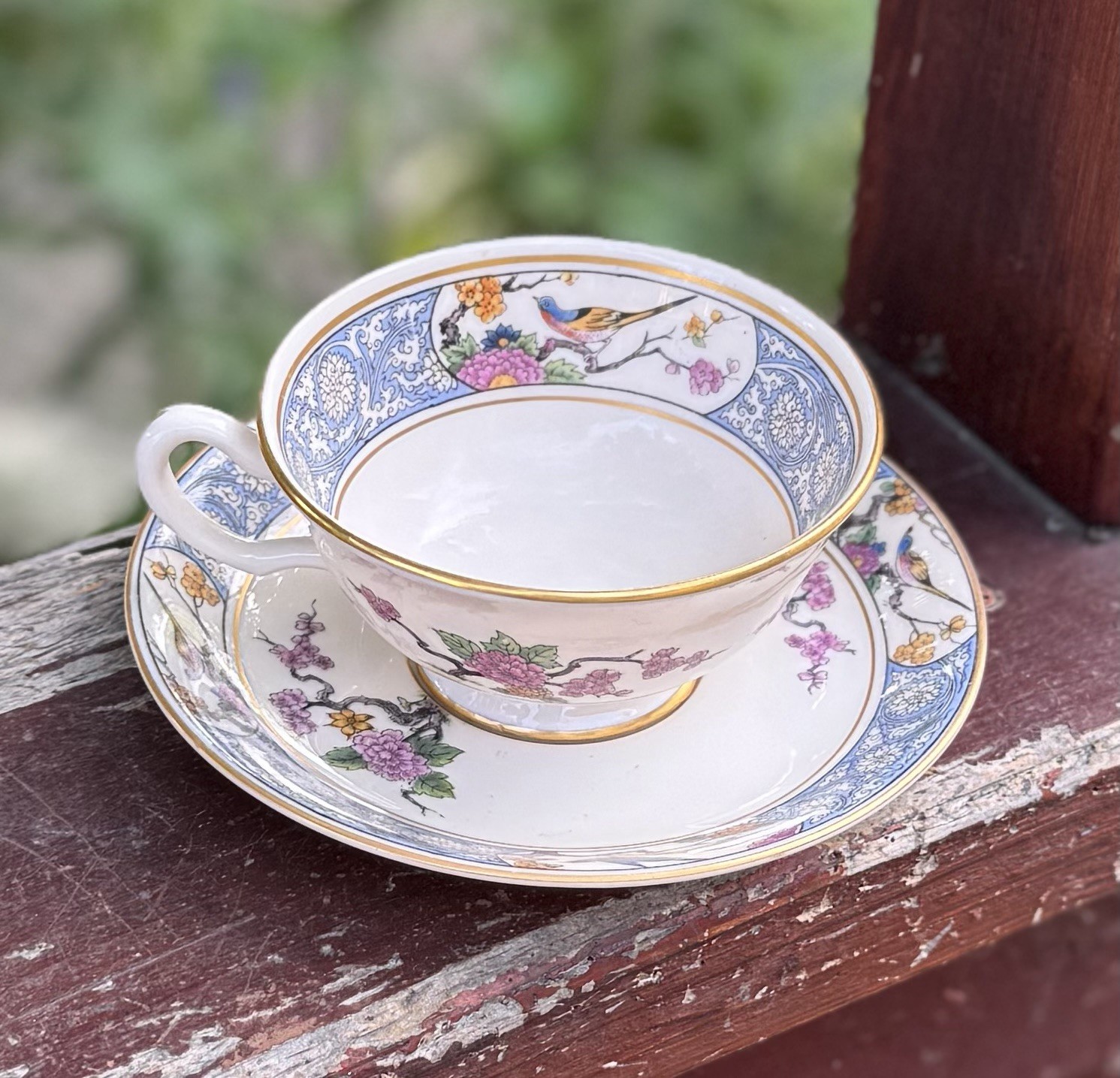 Antique Lenox Ming Tea Cup Saucers Black Mark Birds Cherry Blossom Scroll Gold Antique Lenox Ming Tea Cup Saucers Black Mark Birds Cherry Blossom Scroll Gold
