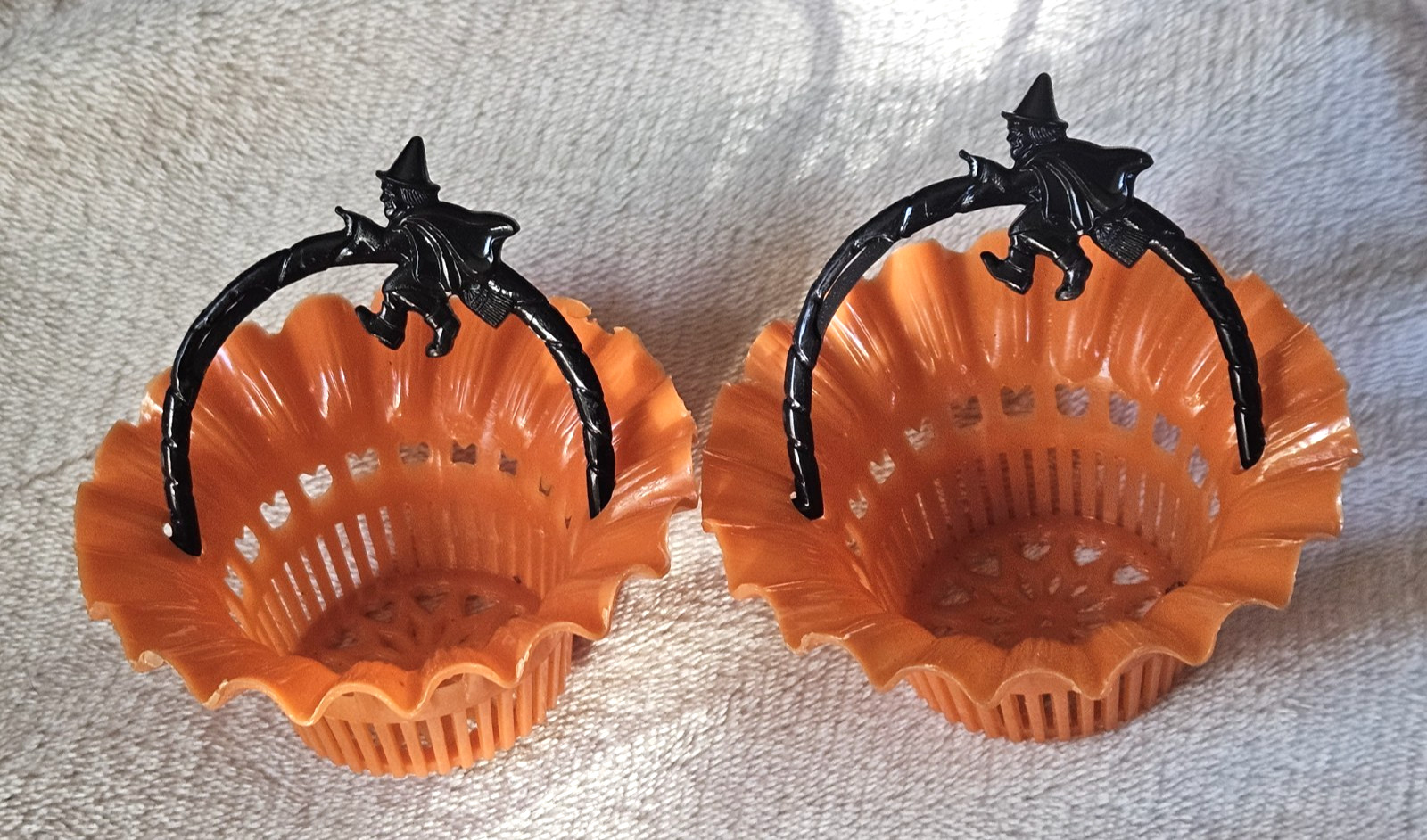 2 Vintage Halloween 50's Best Plastic Orange & Black Witch Candy Nut Cup Baskets