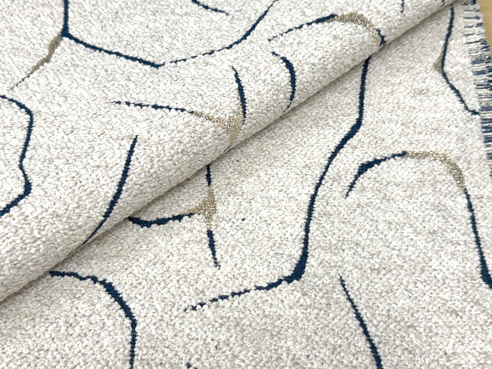 7.8+ yd Stroheim Orla Galaxy Blue & Gold on Cream Modern Geometric Boucle Fabric 7.8+ yd Stroheim Orla Galaxy Blue & Gold on Cream Modern Geometric Boucle Fabric