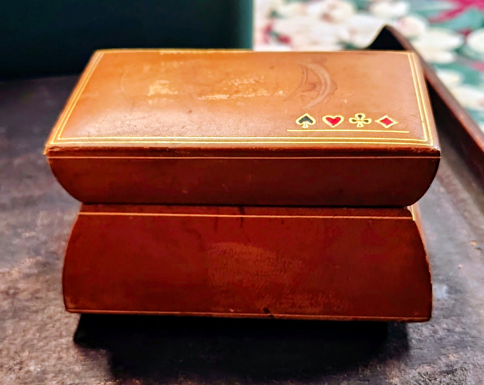 Vintage Italian Leather Playing Card Box Mid Century Florentine Gold Double Deck