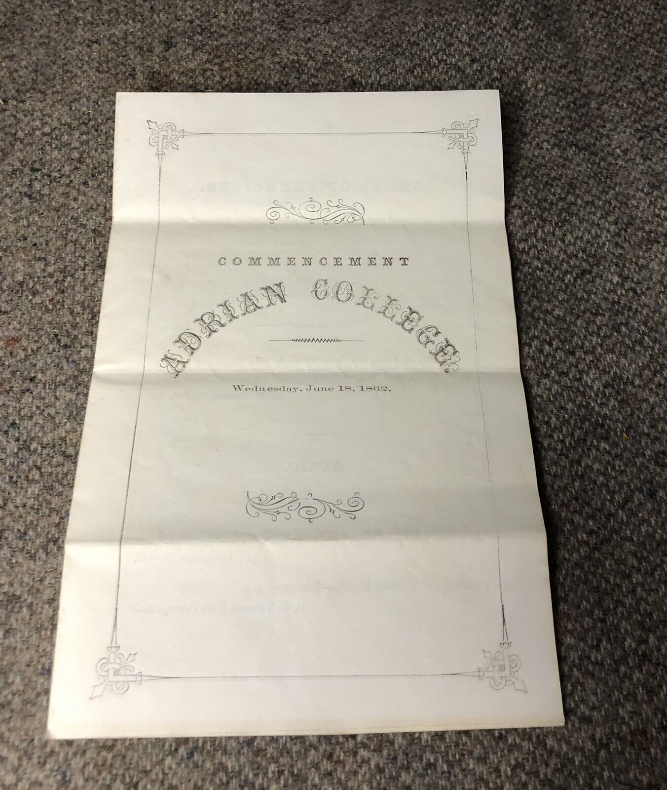 ANTIQUE 1862 ADRIAN COLLEGE MI COMMENCEMENT GRADUATION PAPER PROGRAM EPHEMERA