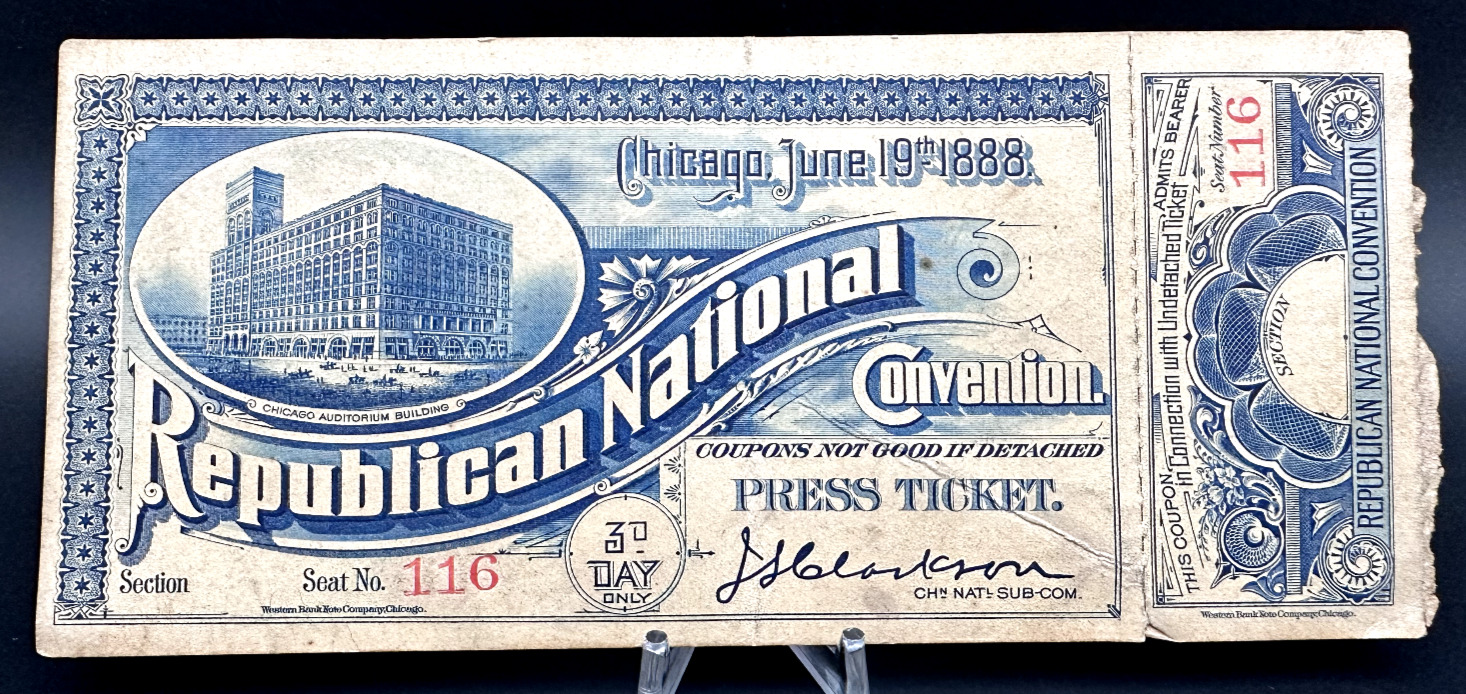 RARE 1888 CHICAGO REPUBLICAN NATIONAL CONVENTION BLUE PRESS TICKET - 1 STUB