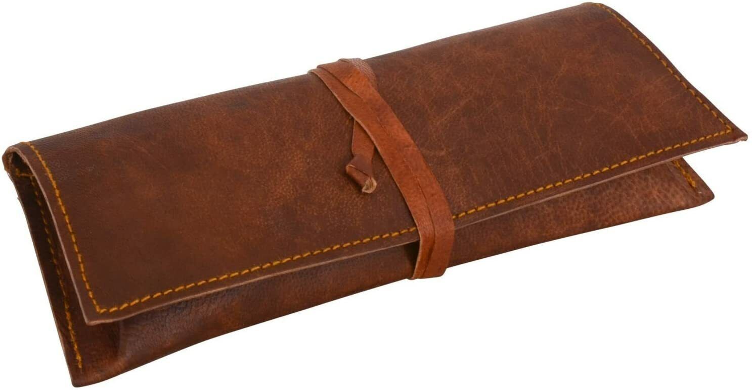 Vintage Genuine Leather Stationery Pencil Pen Case Art Office College Pouch