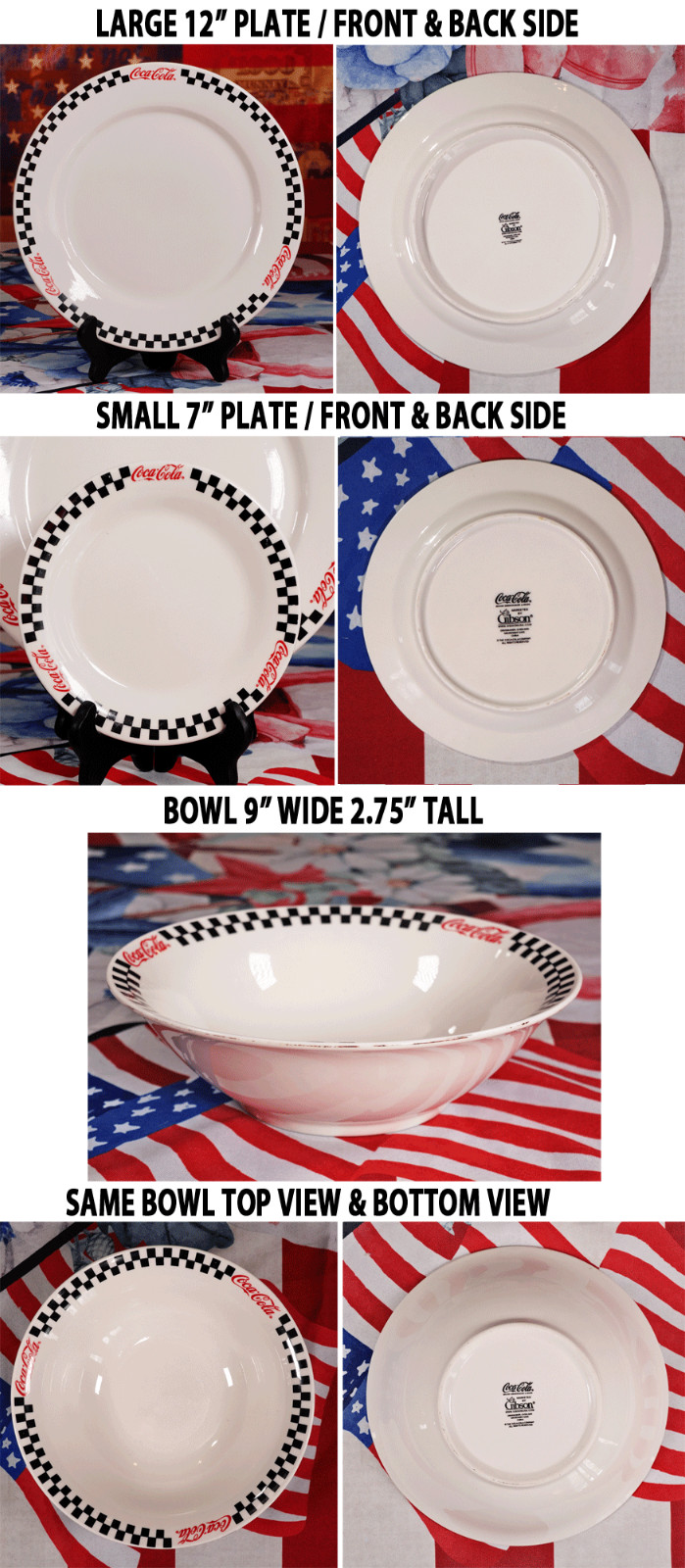 Vintage Coca-Cola Gibson Dinnerware Set 12” Plate 7” Plate & 9” Bowl Diner 90's Vintage Coca-Cola Gibson Dinnerware Set 12” Plate 7” Plate & 9” Bowl Diner 90's
