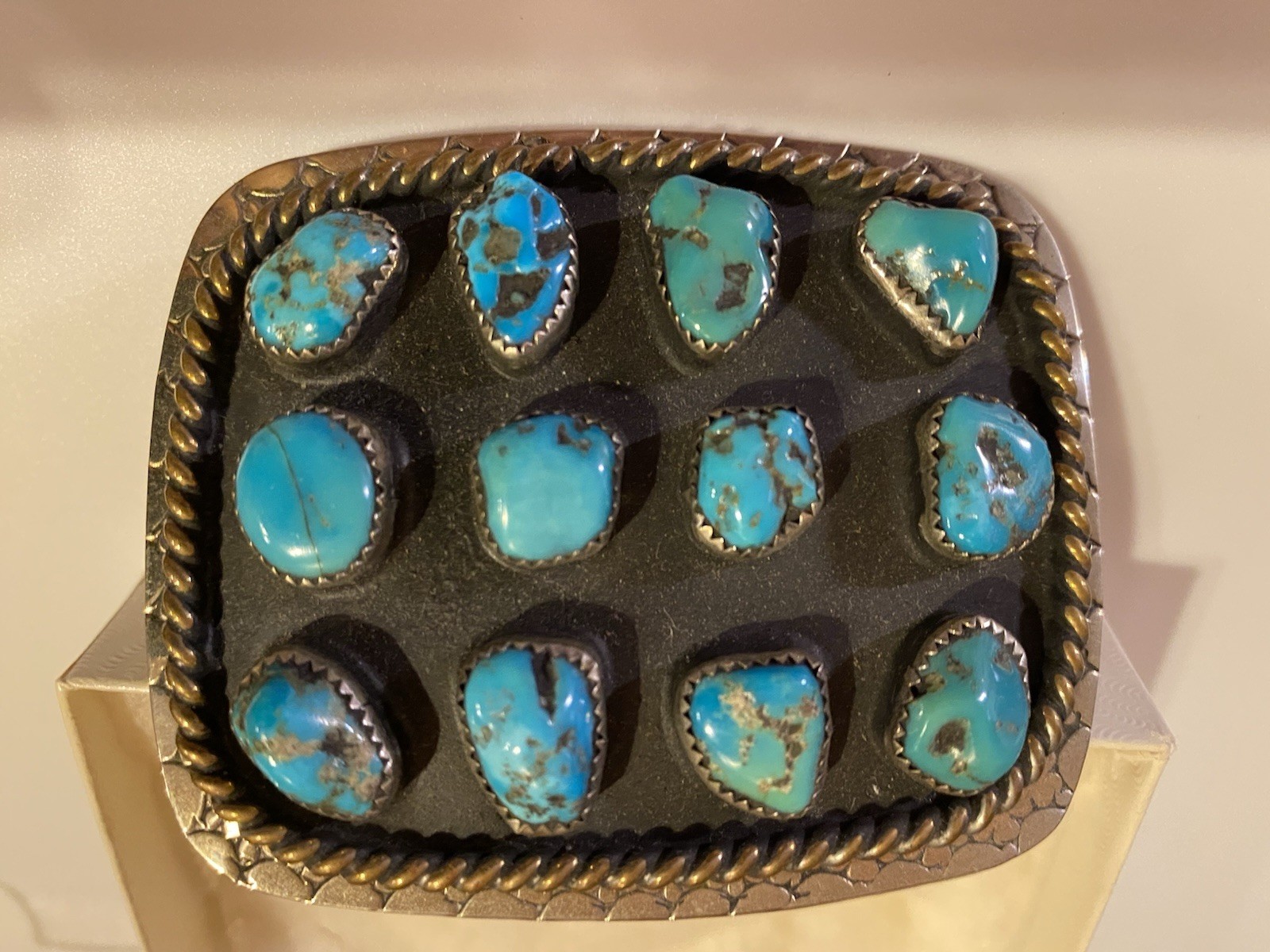 Vtg Southwest Chunky Turquoise Stone Belt Buckle Western Nickel Silver Rope Edge Vtg Southwest Chunky Turquoise Stone Belt Buckle Western Nickel Silver Rope Edge