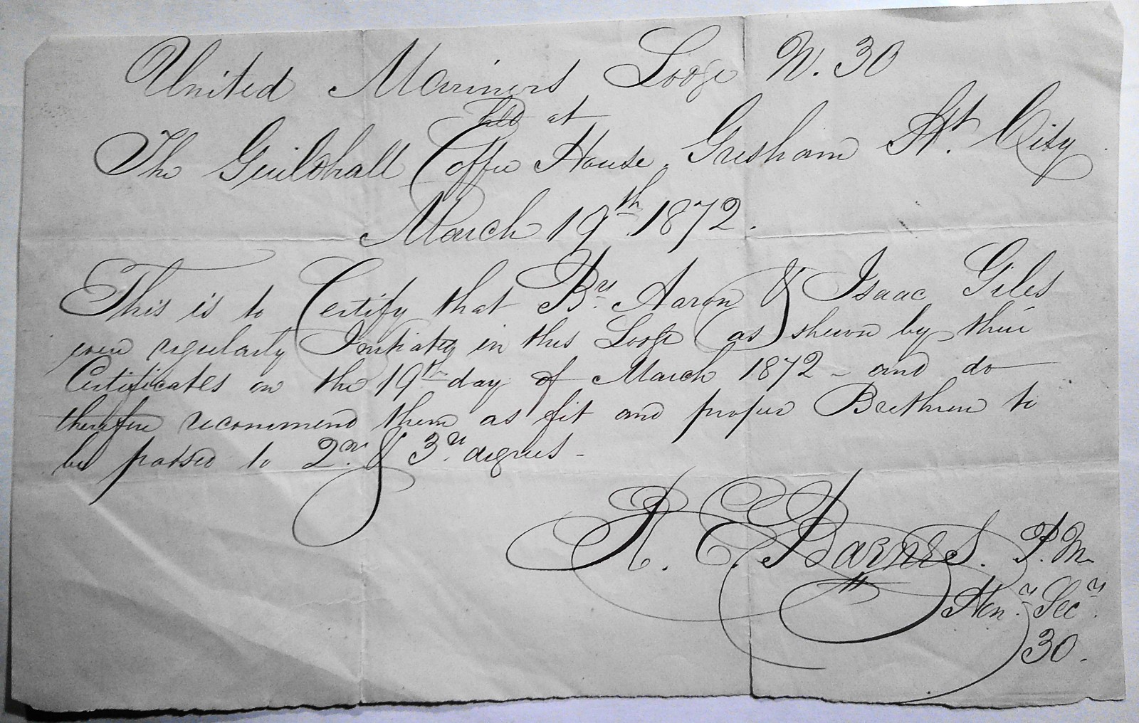 [Masonic] 1872 United Mariners Lodge (No. 30), Guildhall Coffee House, Gresham