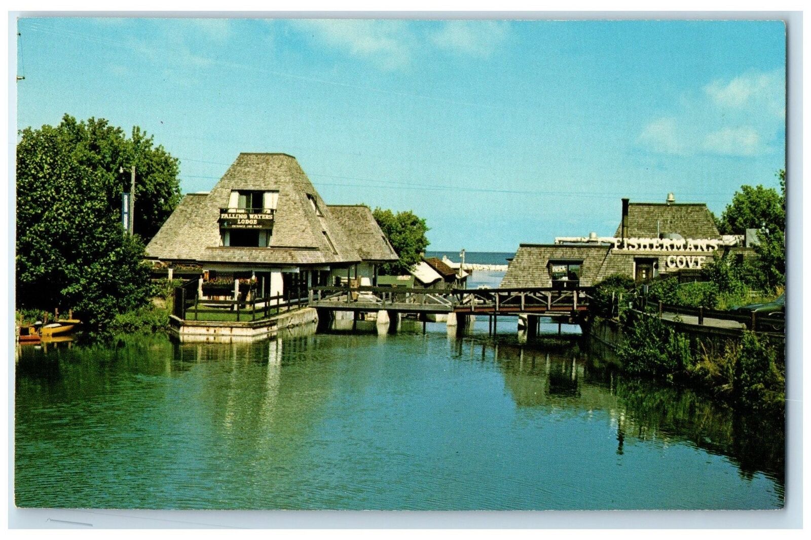 c1960\'s Falling Water Lodge Scene Leland Michigan MI Unposted Vintage Postcard