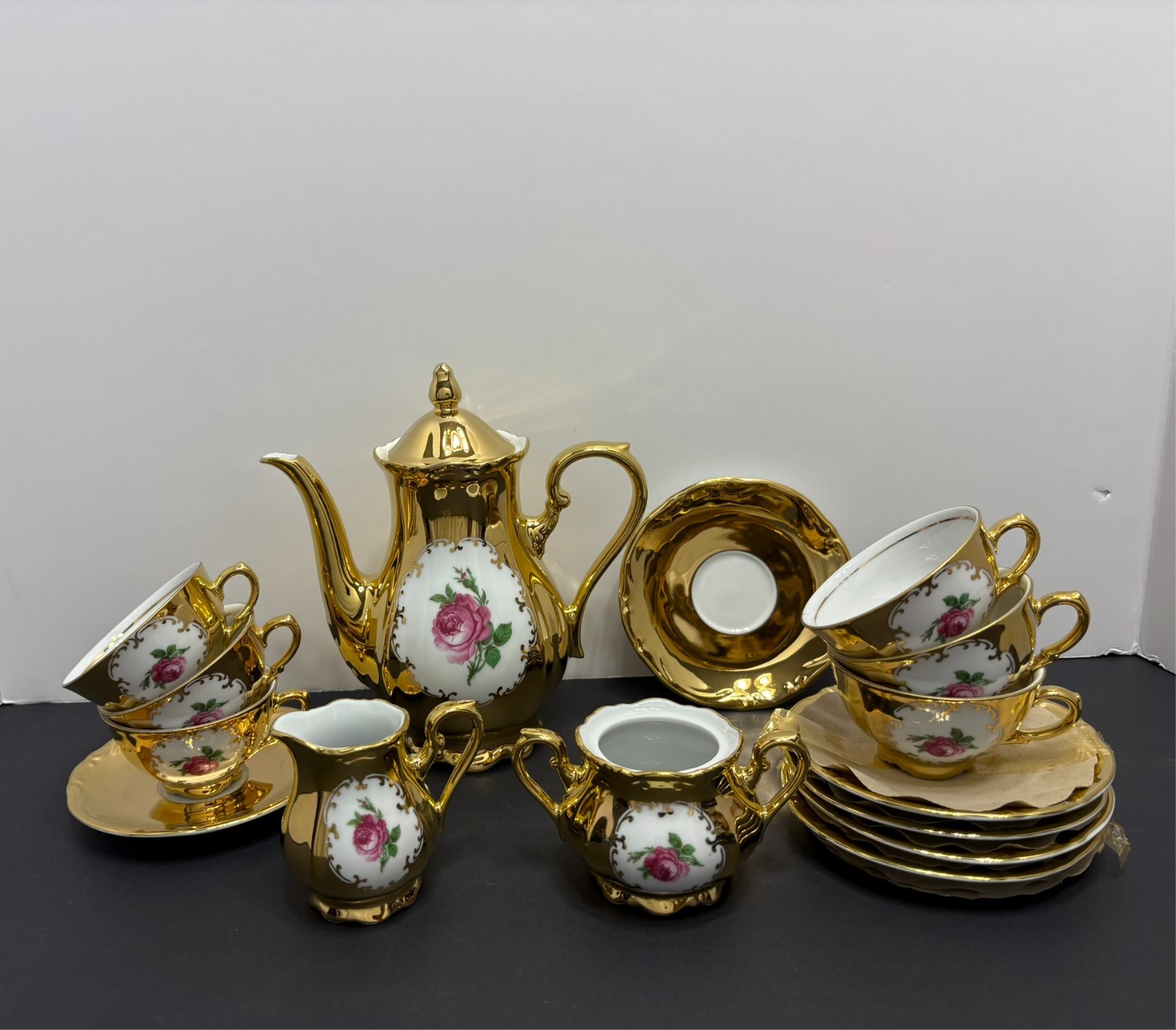 Vtg Tirschenreuth Bavaria Germany Gold Leaf Rose 16Pc Tea Set Sugar No Lid MCM