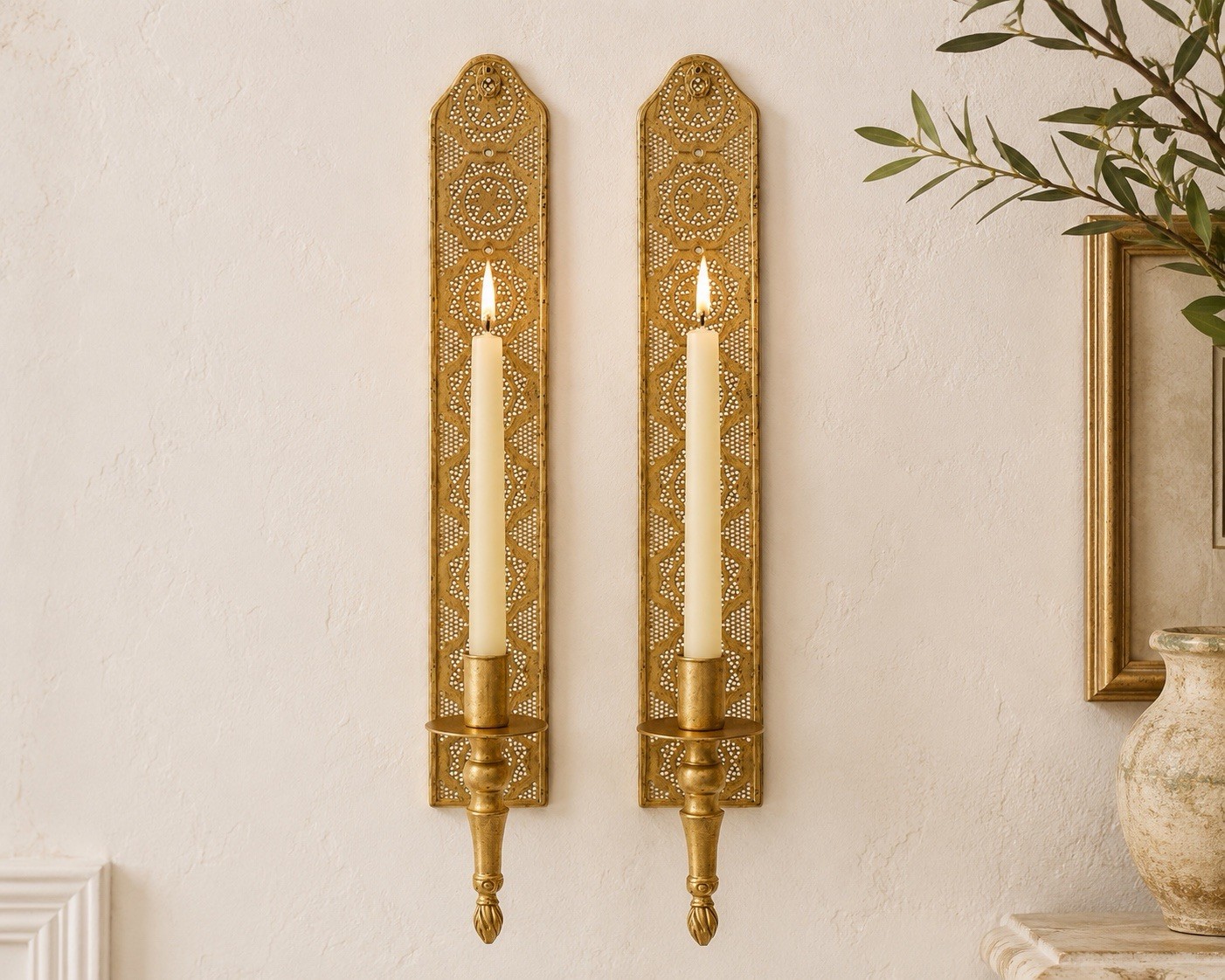 Pair Of VTG Antique Gold Metal Taper Candle Wall Sconces Hollywood Regency 21” Pair Of VTG Antique Gold Metal Taper Candle Wall Sconces Hollywood Regency 21”