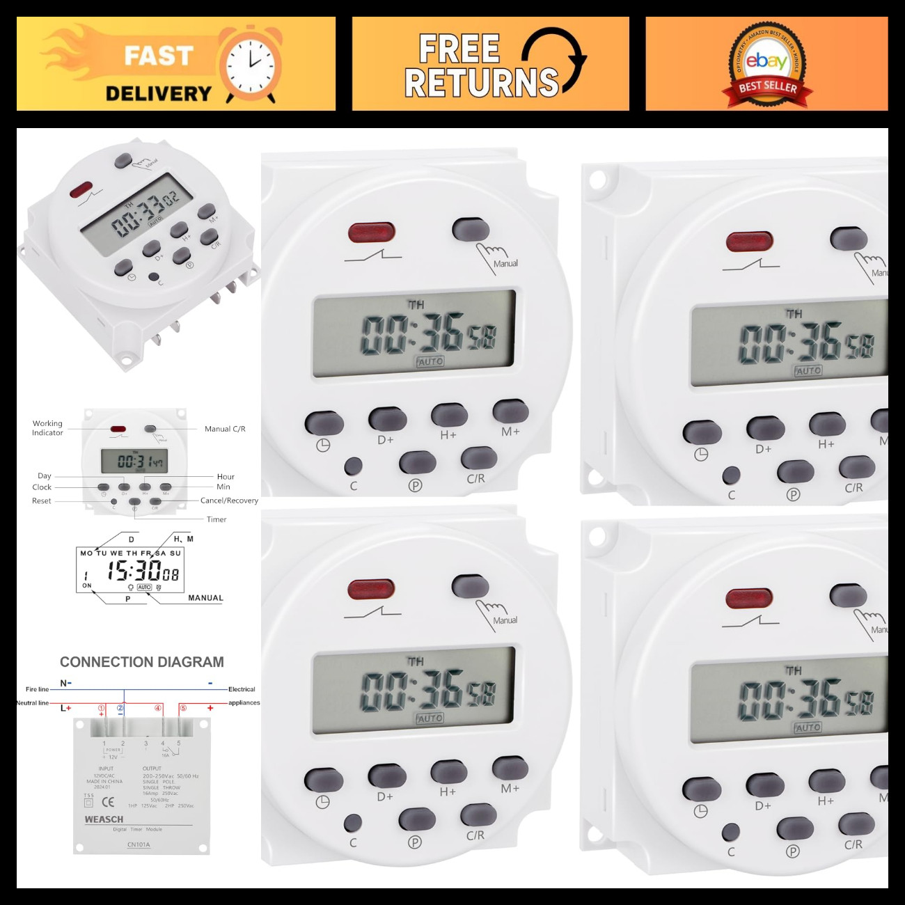 Timer Switch, DC/AC 12V 16Amp, Programmable Timer Time Relay Switch Timer Switch, DC/AC 12V 16Amp, Programmable Timer Time Relay Switch
