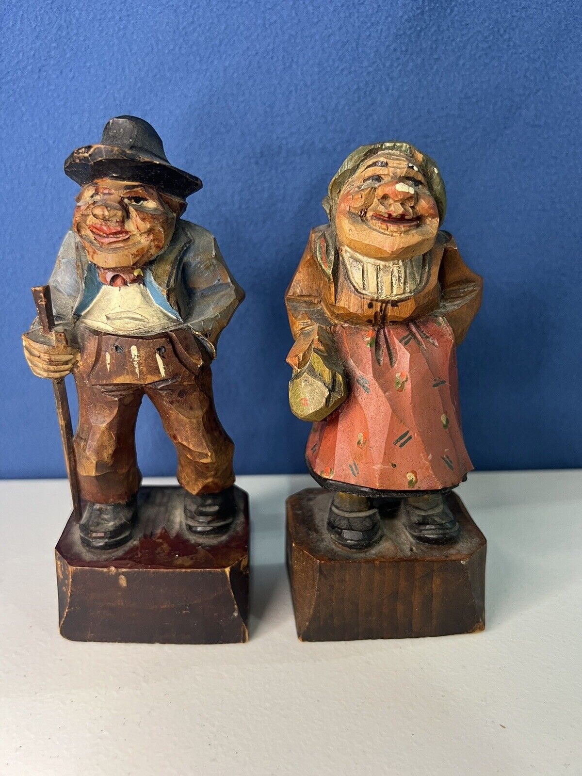 Vintage Hand Carved Anri Handpainted Wooden Old Lady and Man Figurines Italy