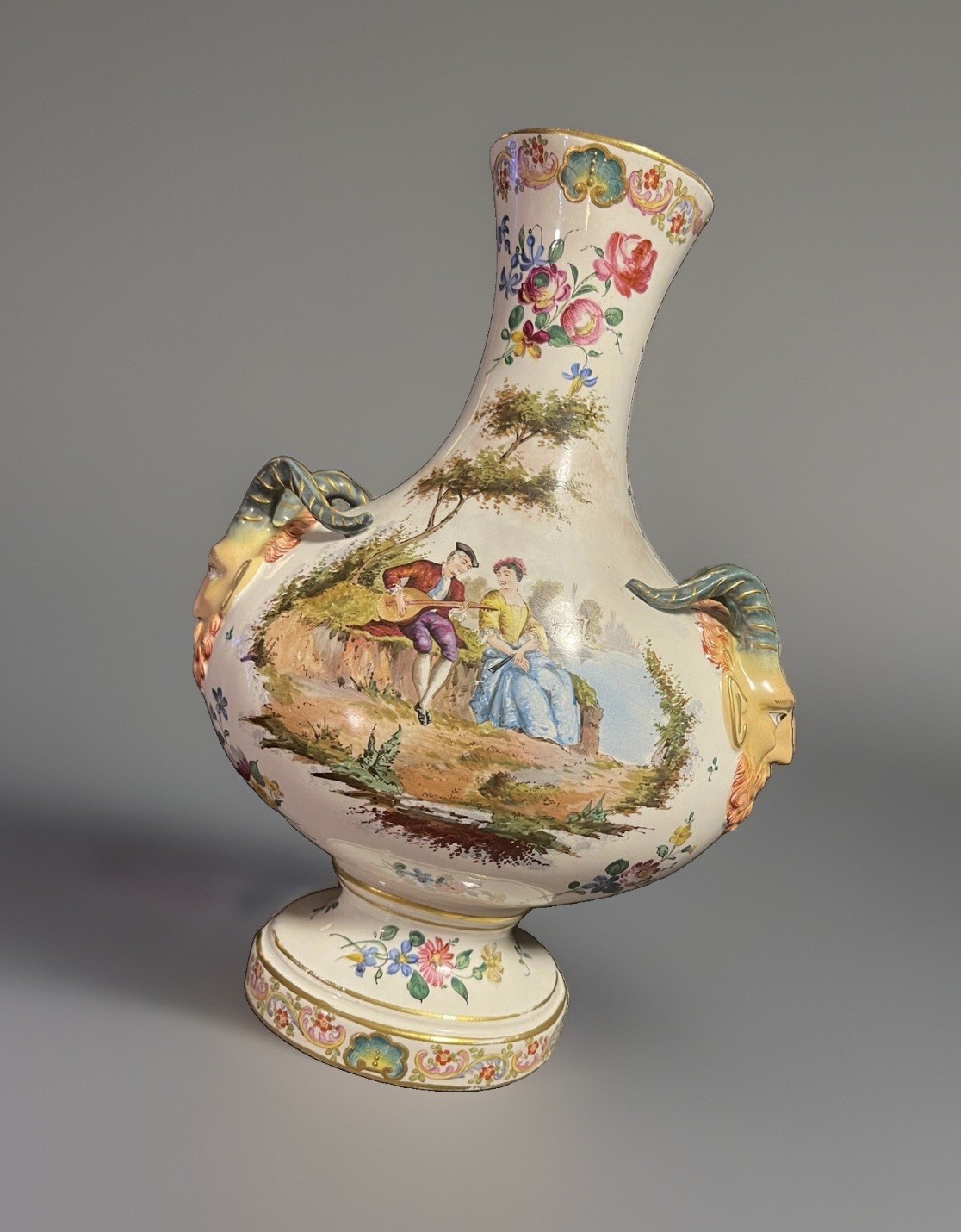 Antique Faience Bough Pot Vase Veuve Perrin French w/ Devil Pan Head Antique Faience Bough Pot Vase Veuve Perrin French w/ Devil Pan Head