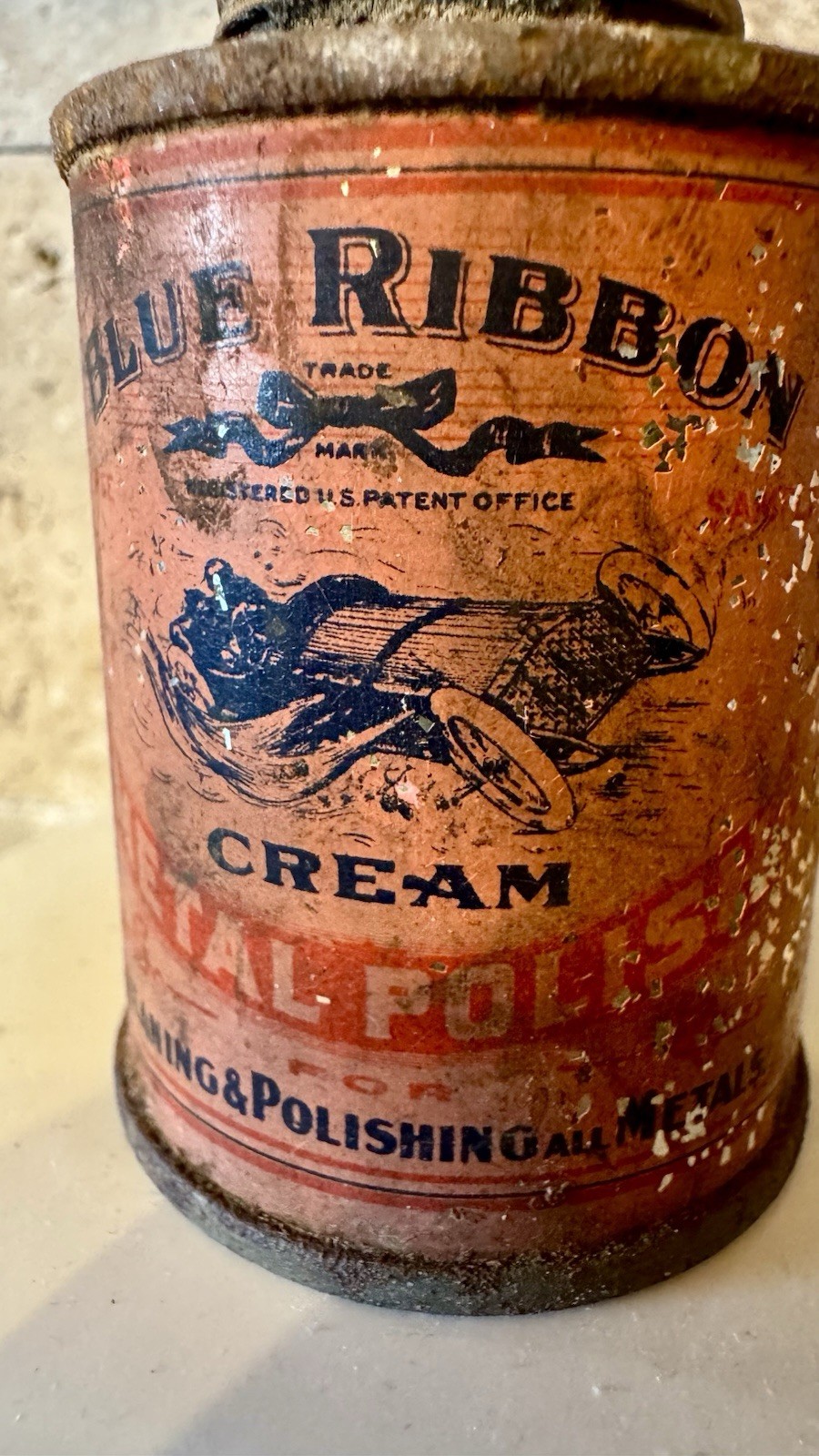 Antique Blue Ribbon Cream Metal Polish Race Car Graphic Tin Can Older Version Antique Blue Ribbon Cream Metal Polish Race Car Graphic Tin Can Older Version
