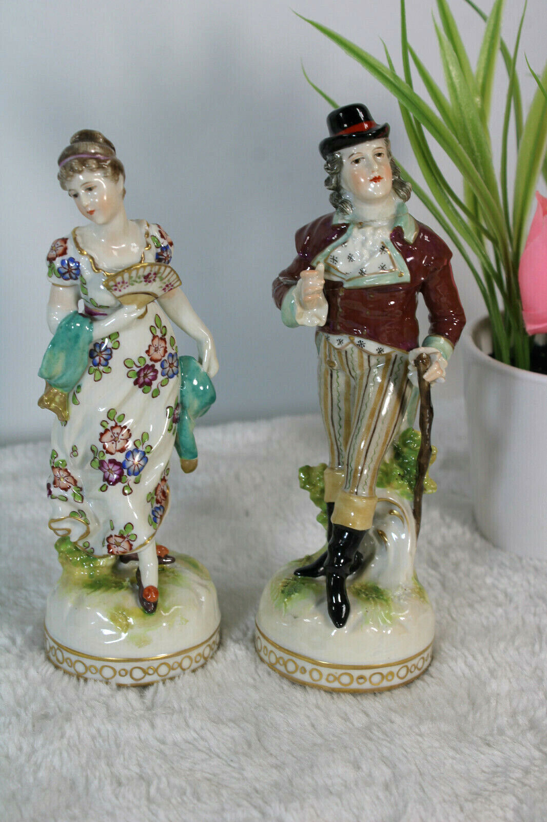 pair antique german ludwigsburg porcelain signed figurines statue 