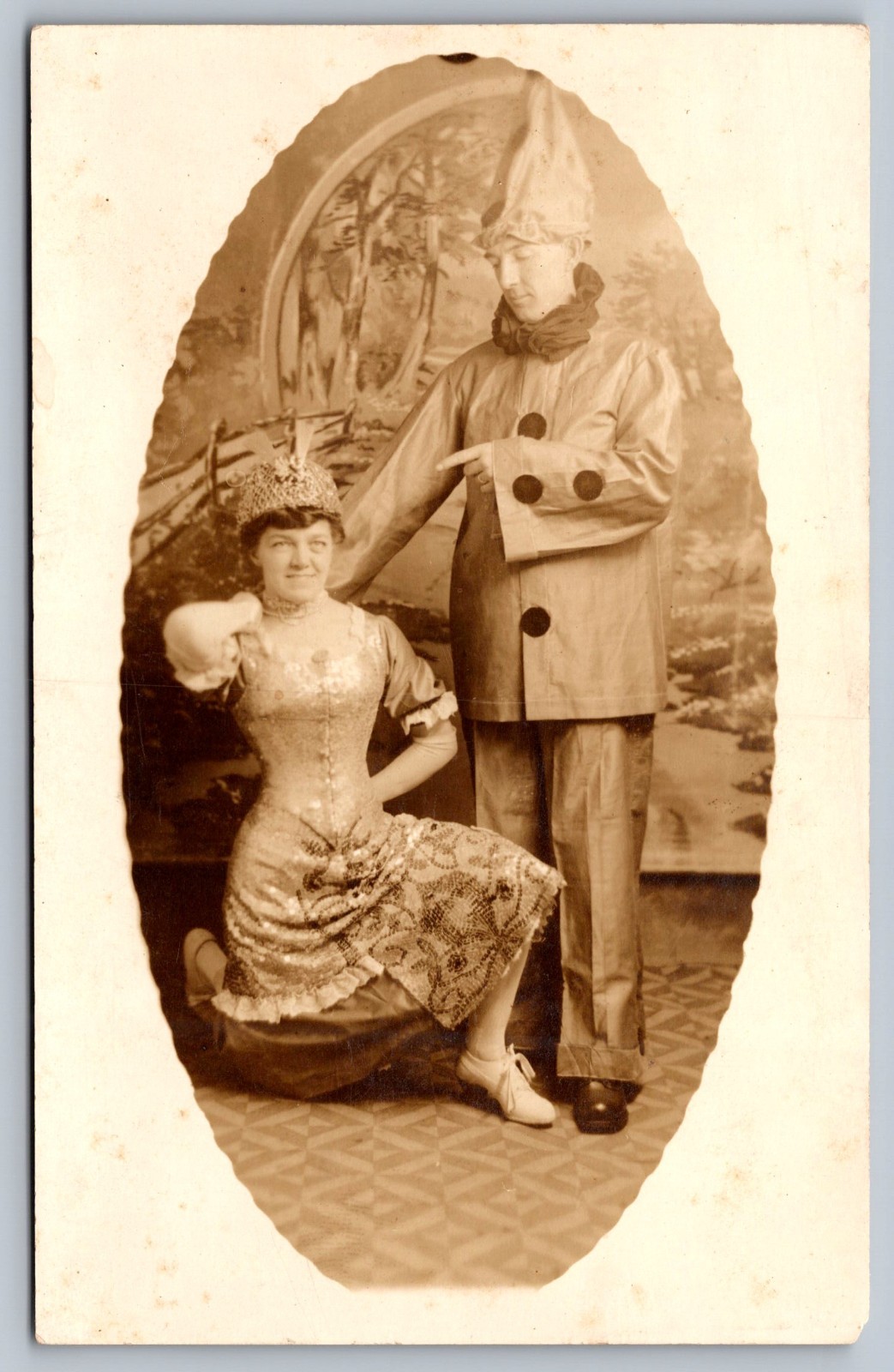 C1910 RPPC couple dressed as COLUMBINE & PIERROT MASSACHUSETTS NATIONAL STUDIOS