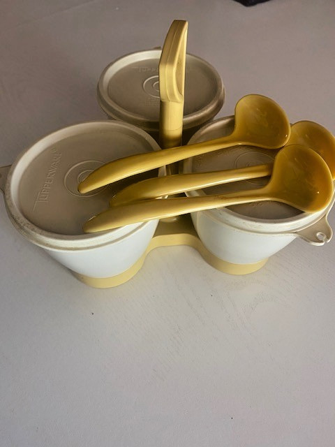 Vintage Tupperware Condiment Caddy Complete Set W/ Spoons & Lids, Gold/Almond