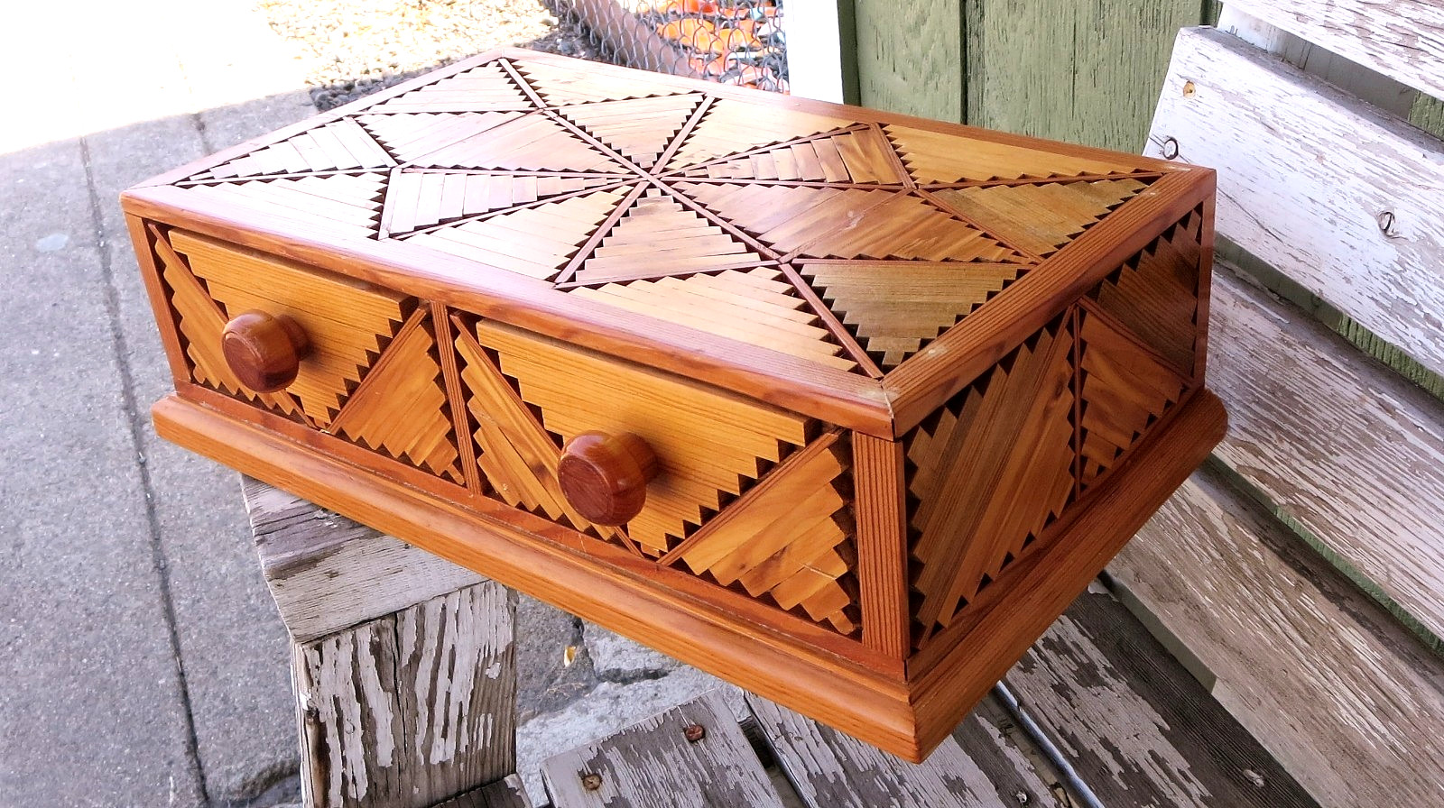 Vintage TRAMP ART Handmade Wood Wooden Jewelry BOX with Drawers 15.5" x 9" Vintage TRAMP ART Handmade Wood Wooden Jewelry BOX with Drawers 15.5" x 9"