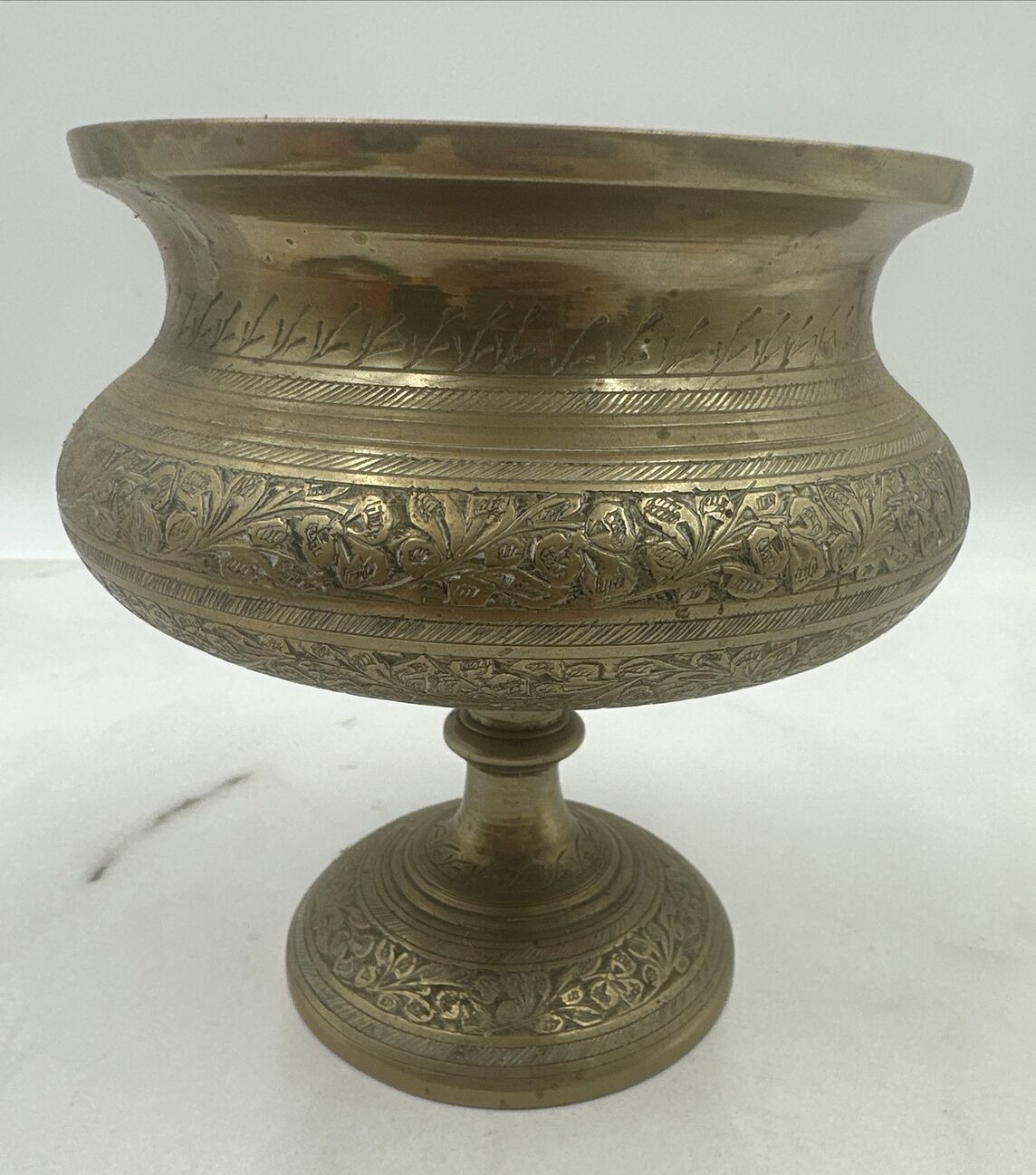 Vintage Brass Pedestal Planter Pot Bowl with Elaborate Engraving