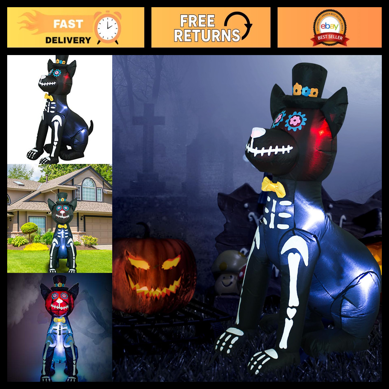 AJY 4Ft Halloween Inflatable Dog Skeleton, Spooky Town Outdoor Yard Decor