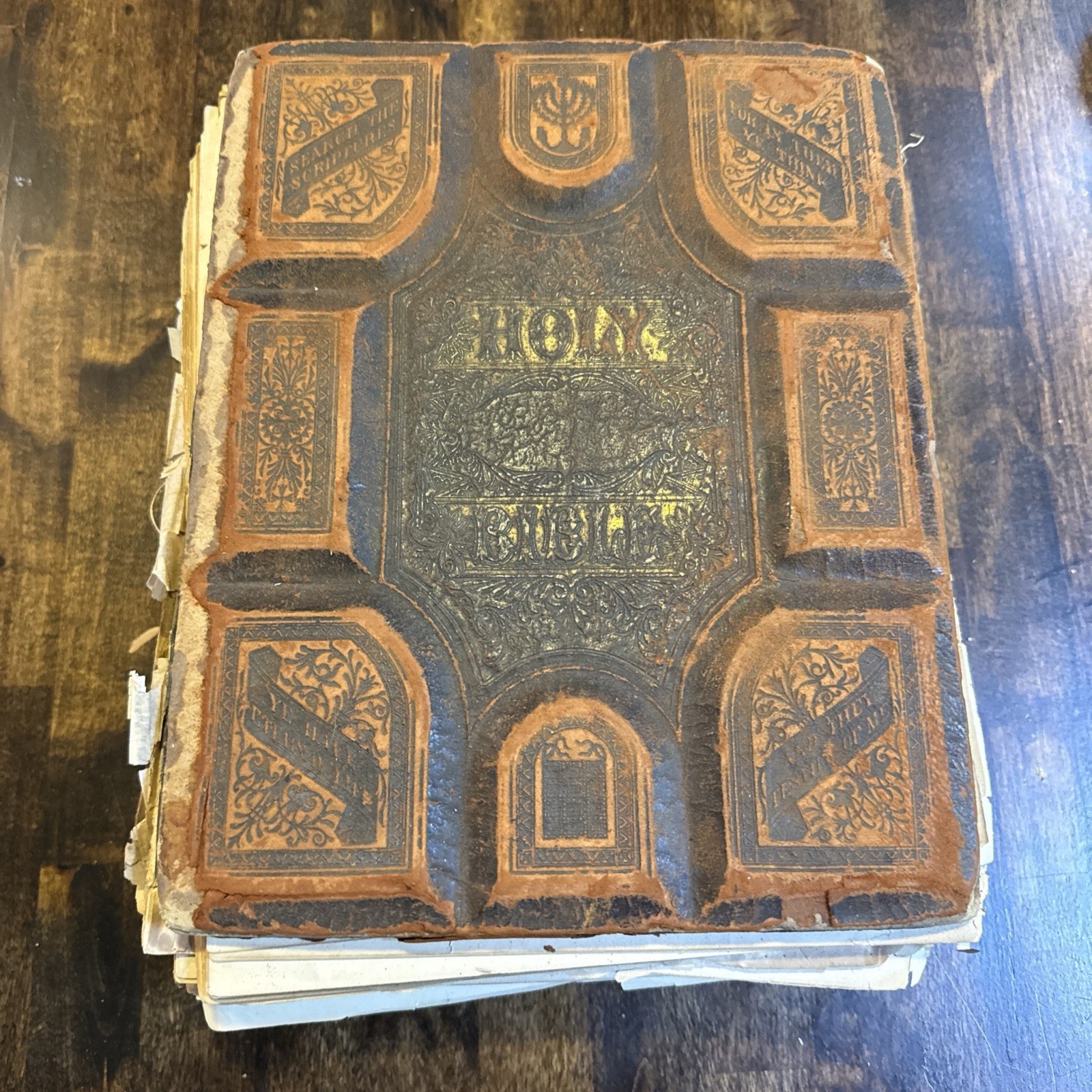 ATQ 1880's Carved Leather Holy Bible Old And New Testaments, And Apocrypha Poor
