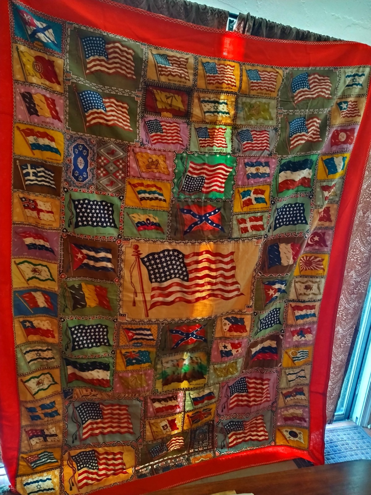 ANTIQUE 1910's TOBACCO FELT FLANNEL COUNTRY FLAG STITCHED PATCHWORK QUILT Full ANTIQUE 1910's TOBACCO FELT FLANNEL COUNTRY FLAG STITCHED PATCHWORK QUILT Full