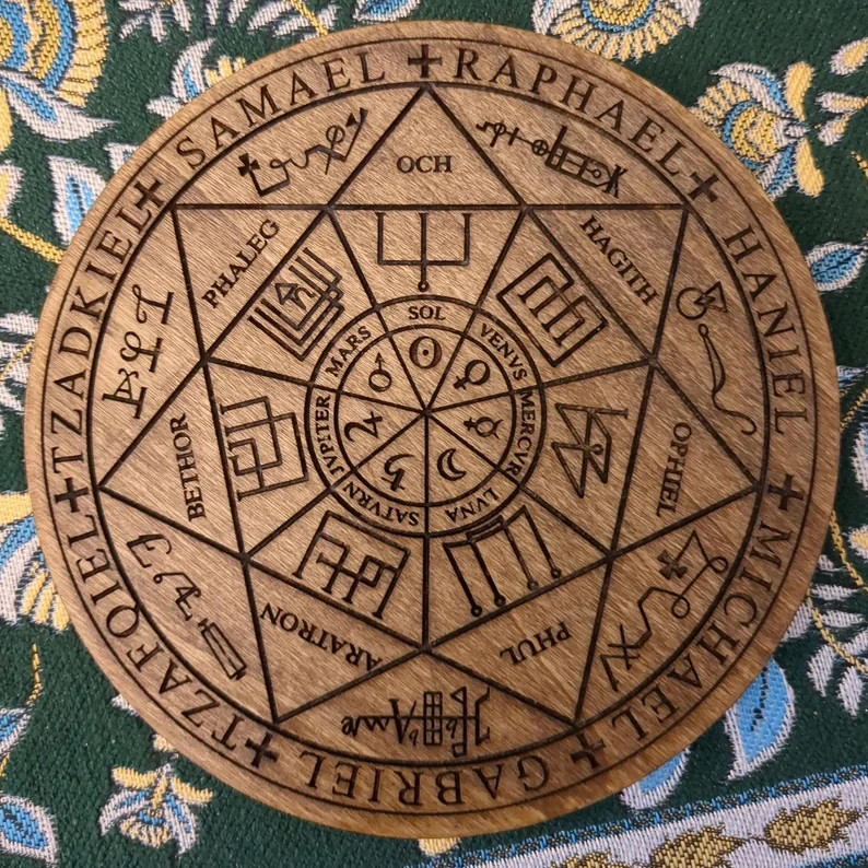 Handmade Engraved Wooden Altar Plate  Seal of the Seven Archangels For Use