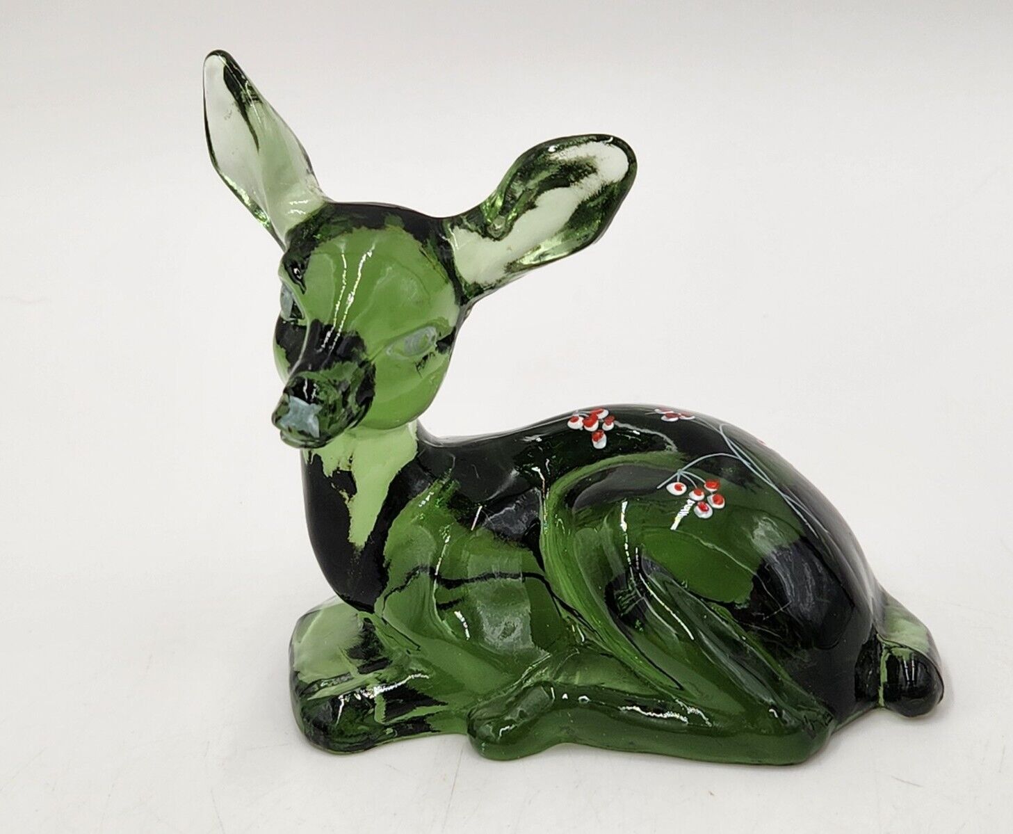 Vintage Fenton Green Art Glass Deer Figurine Red Holly Berries Hand Painted