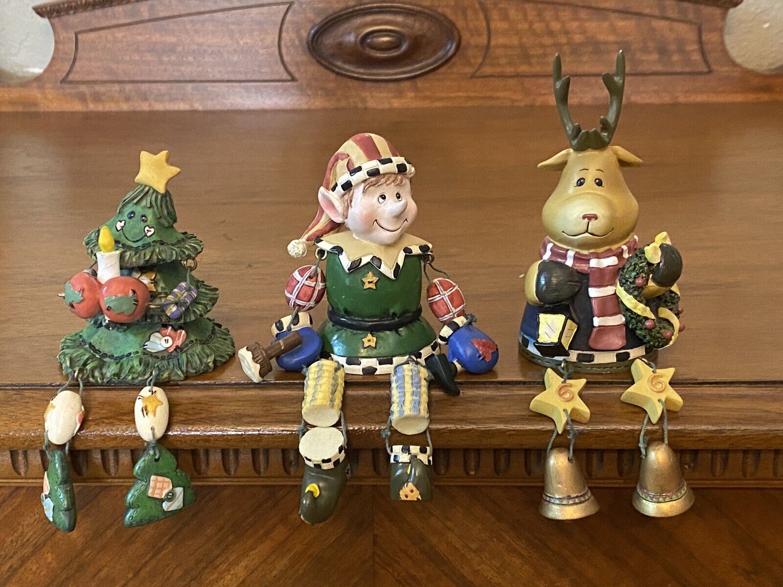 CMG 2001 Resin Jointed Christmas Tree, Elf, Reindeer, Shelf Sitters Set of 3 EUC