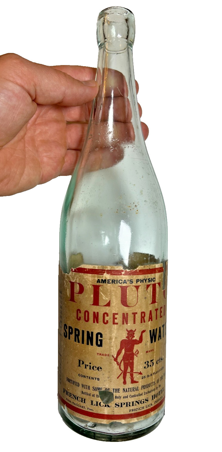 Antique Pluto Devil Water Bottle French Lick Indiana Devil Logo w/ Label Quack Antique Pluto Devil Water Bottle French Lick Indiana Devil Logo w/ Label Quack