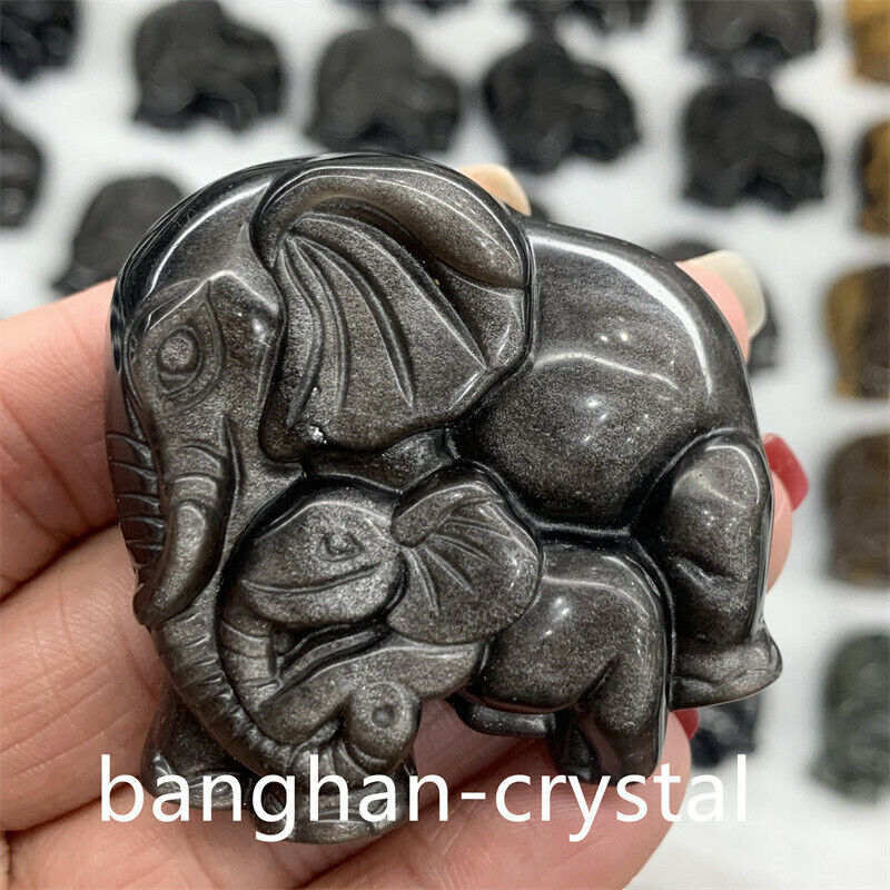 Natural Silver obsidian elephant Carved Quartz Crystal Skull reiki Healing 1pc