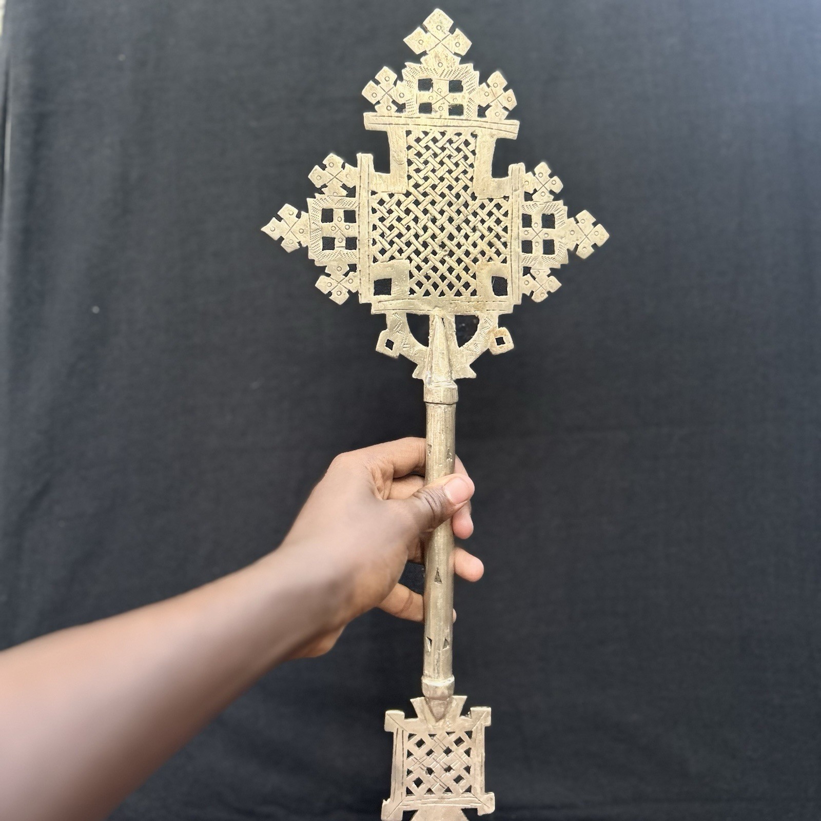Ethiopian Coptic Style Hand Cross Brass~Decorative Religious~ 18.1”