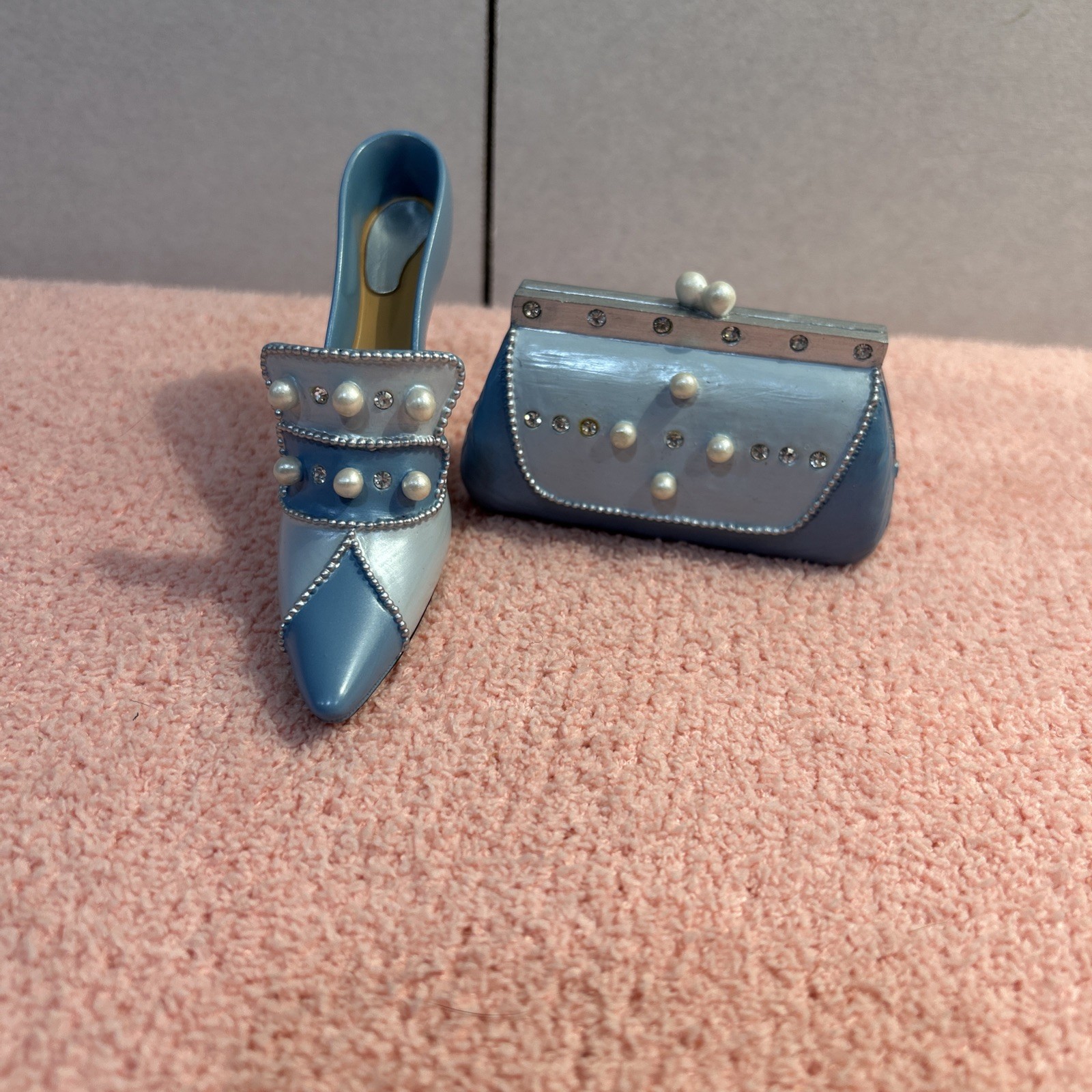 Stunning Vintage matching blue pastel purse and shoe set with rhinestones.