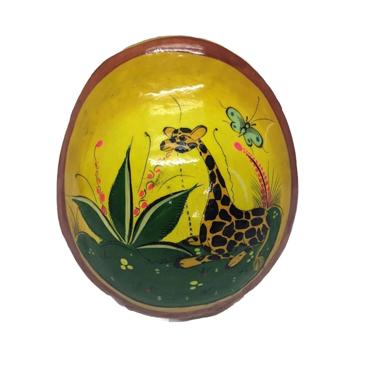 Tonala Mexican Art Pottery Hand Painted Giraffe Scene Turtle Shell Artist Signed