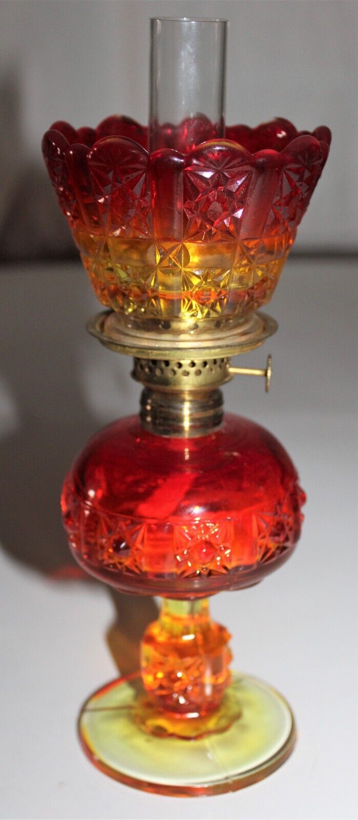 Miniature Amberina LG Wright Stars & Bars Daisy & Cube Kerosene Lamp