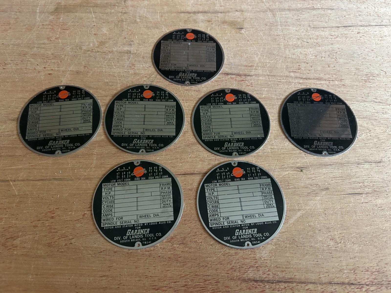 Gardner Landis Tools Machine Tag Emblem Info Sign 3-1/4" Metal Vintage Lot Of 7 Gardner Landis Tools Machine Tag Emblem Info Sign 3-1/4" Metal Vintage Lot Of 7