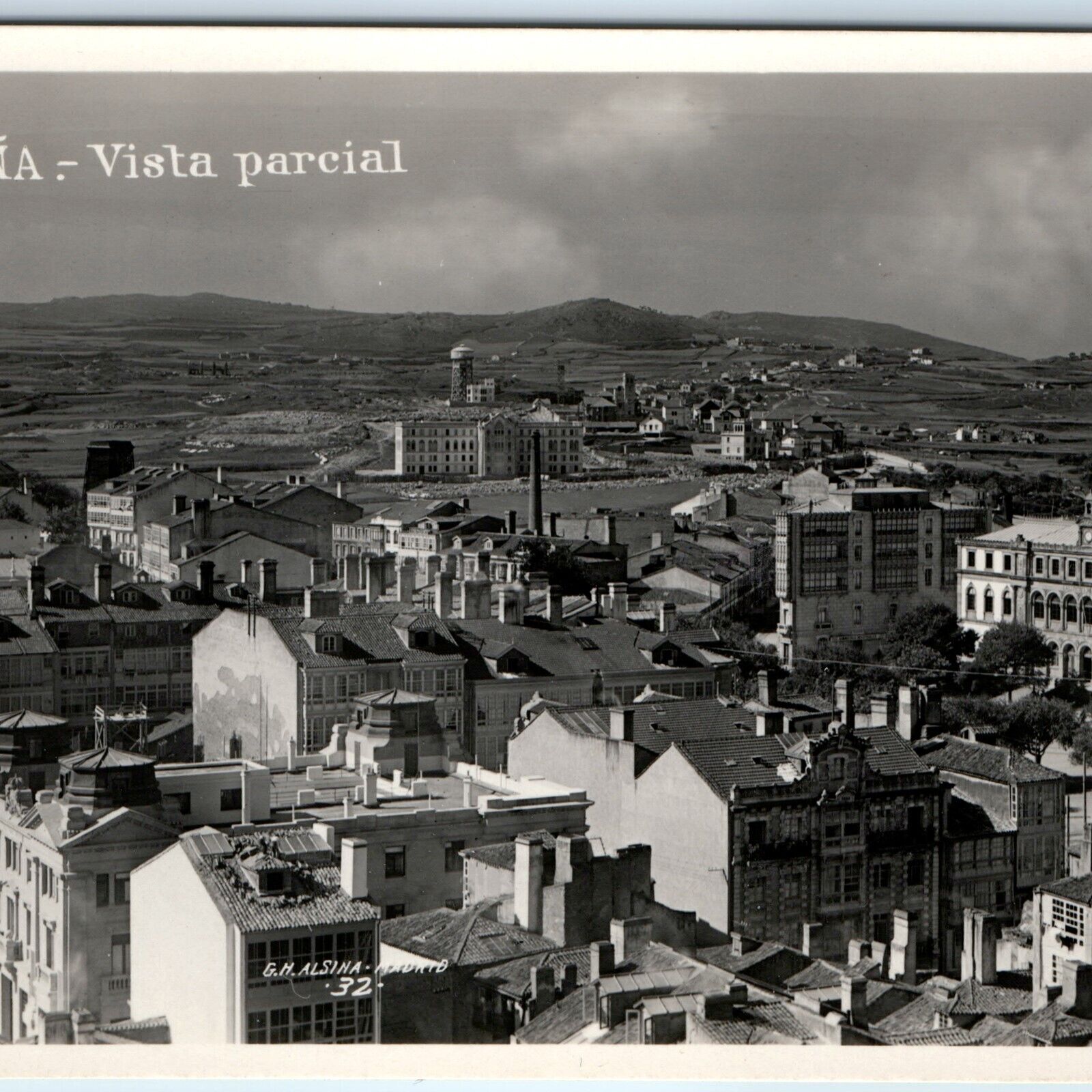 c1930s A Coruna Spain City Birds Eye Downtown RPPC Water Tower Photo Alsina A150