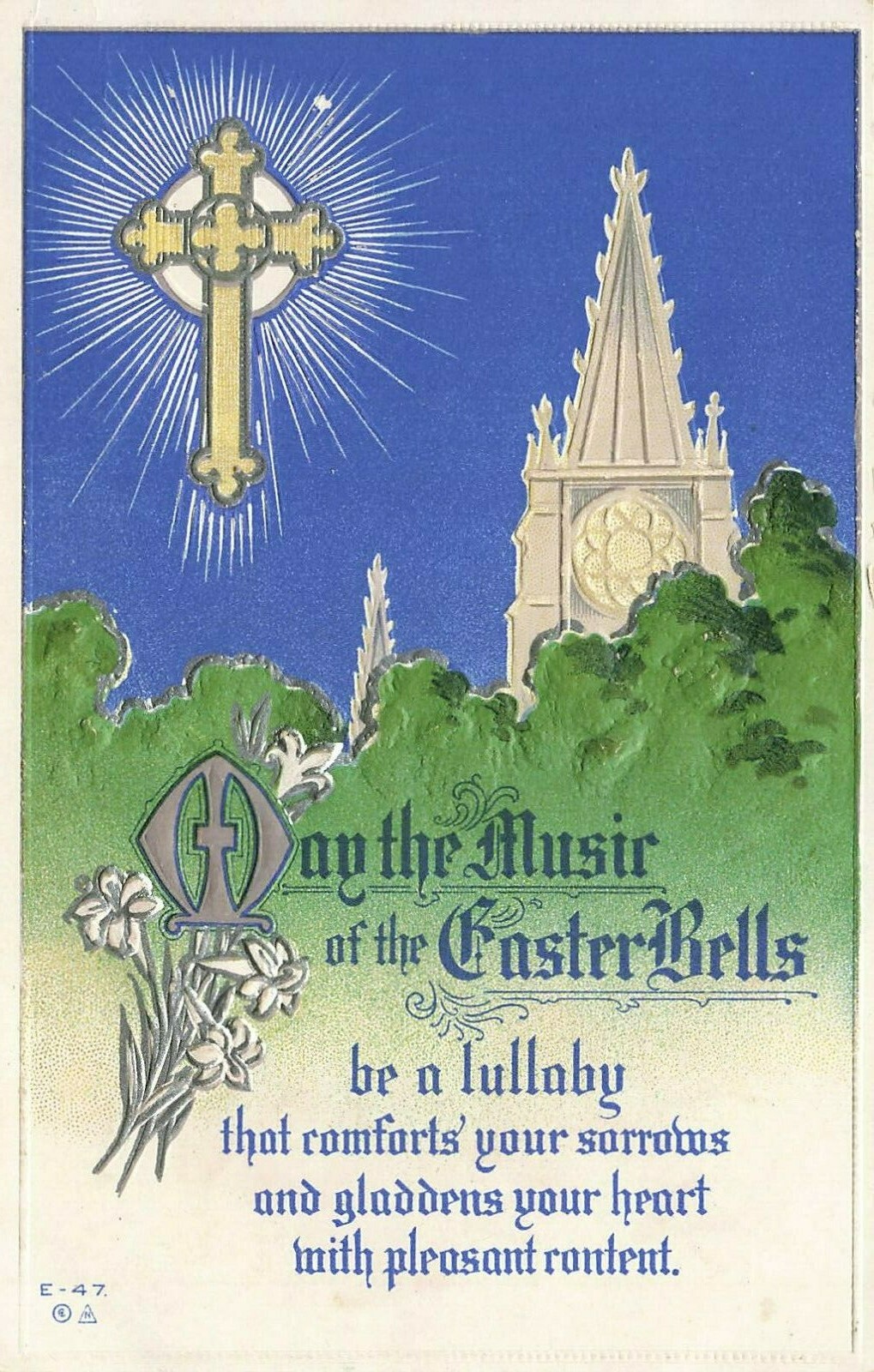 1910's Embossed Easter Postcard Church & Music of Easter Bells  UNPOSTED E101