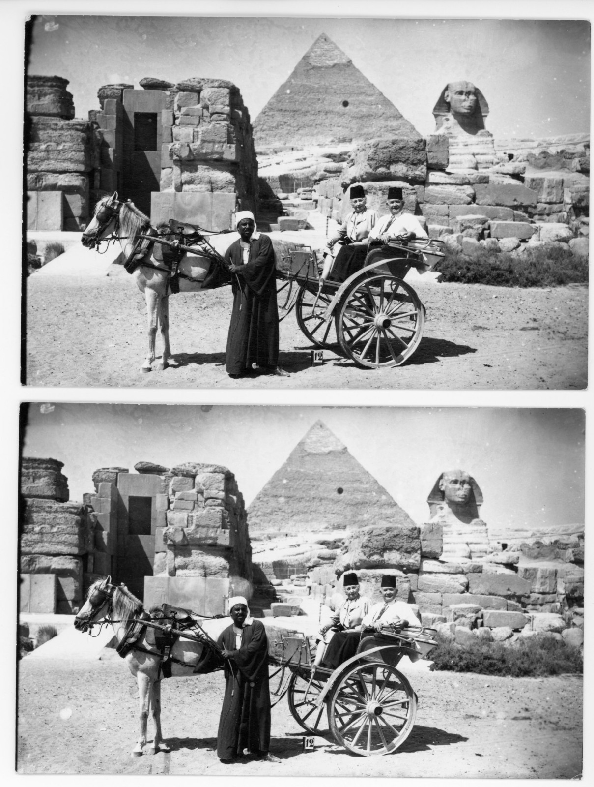2 Identical Forte RPPC postcards of 2 men in cart Sprinx Great Pyramid