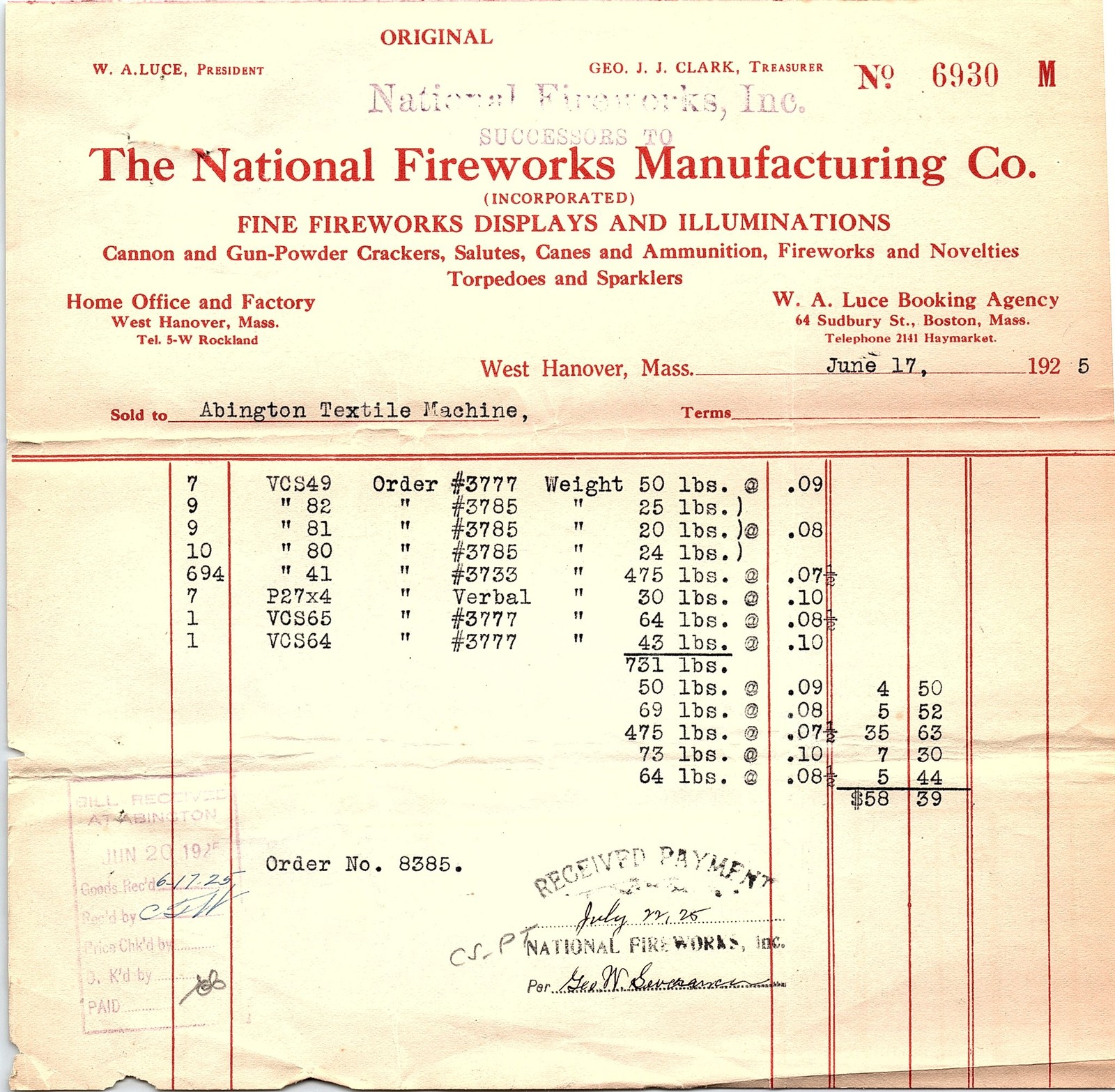1925 National Fireworks Manufacturing Co. Billhead