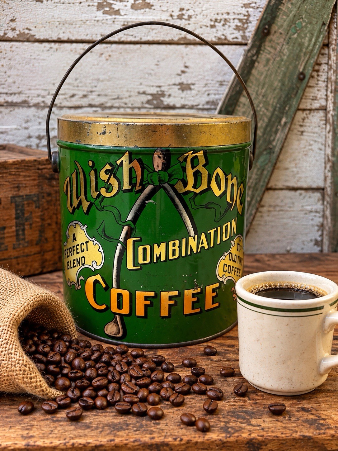 Antique Vintage Wish Bone Coffee Tin Bloomington Springfield IL Grocery Store Antique Vintage Wish Bone Coffee Tin Bloomington Springfield IL Grocery Store