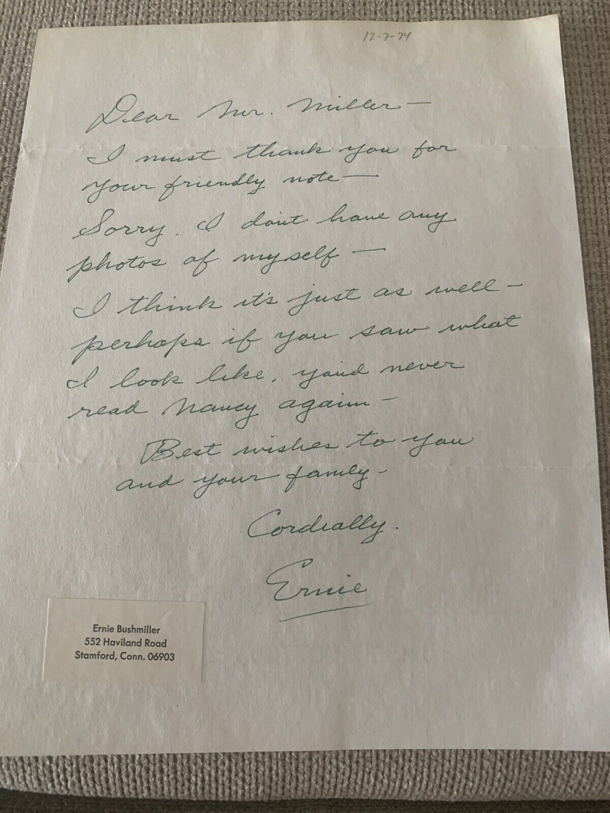 NANCY ✍ SIGNED ERNIE BUSHMILLER Autograph Comic Artist Handwritten Letter